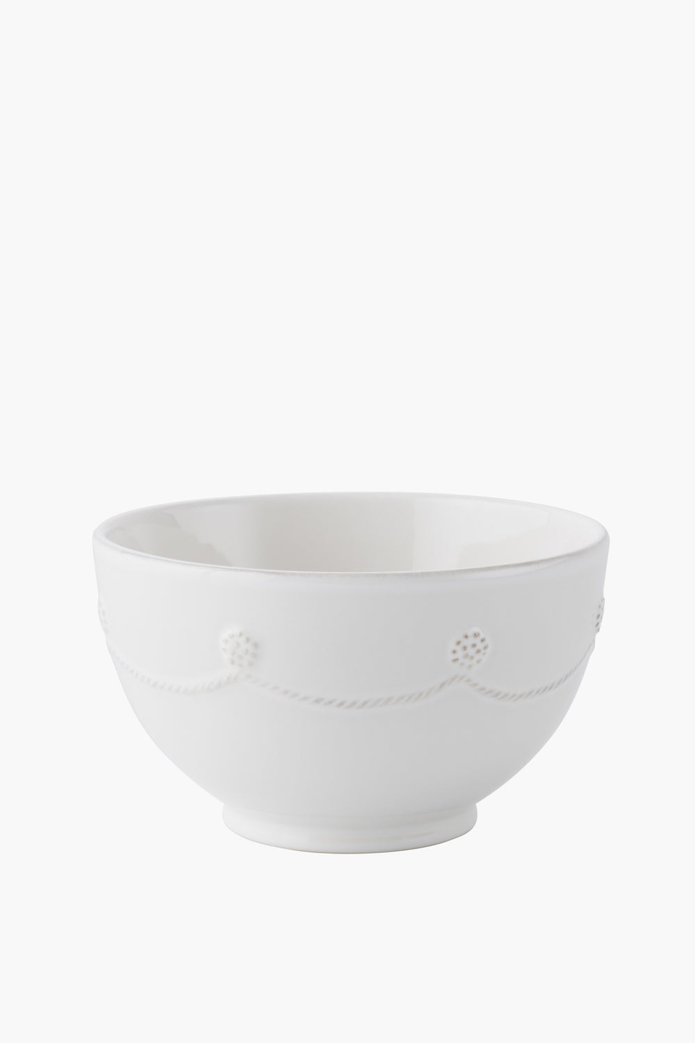 White ceramic bowl by Juliska, showcasing the signature Berry & Thread raised rope and dot design along the upper rim.