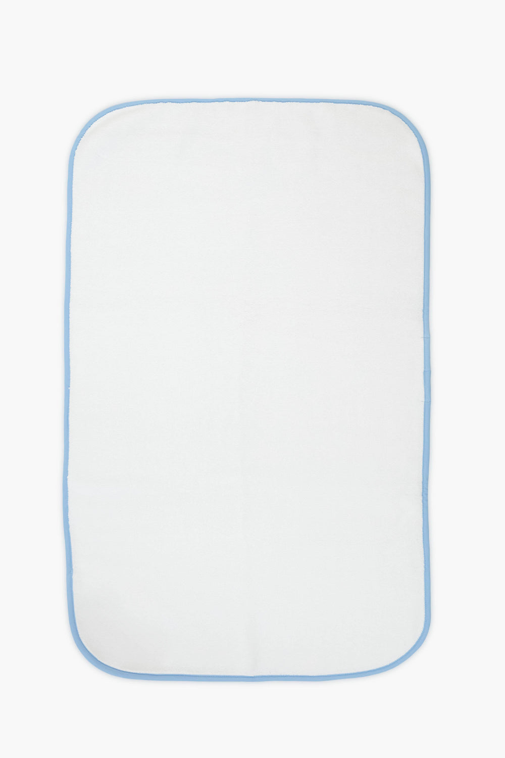 The Weezie rectangular white luxury bath mat features rounded corners, a light blue border, and a non-slip design for added safety.
