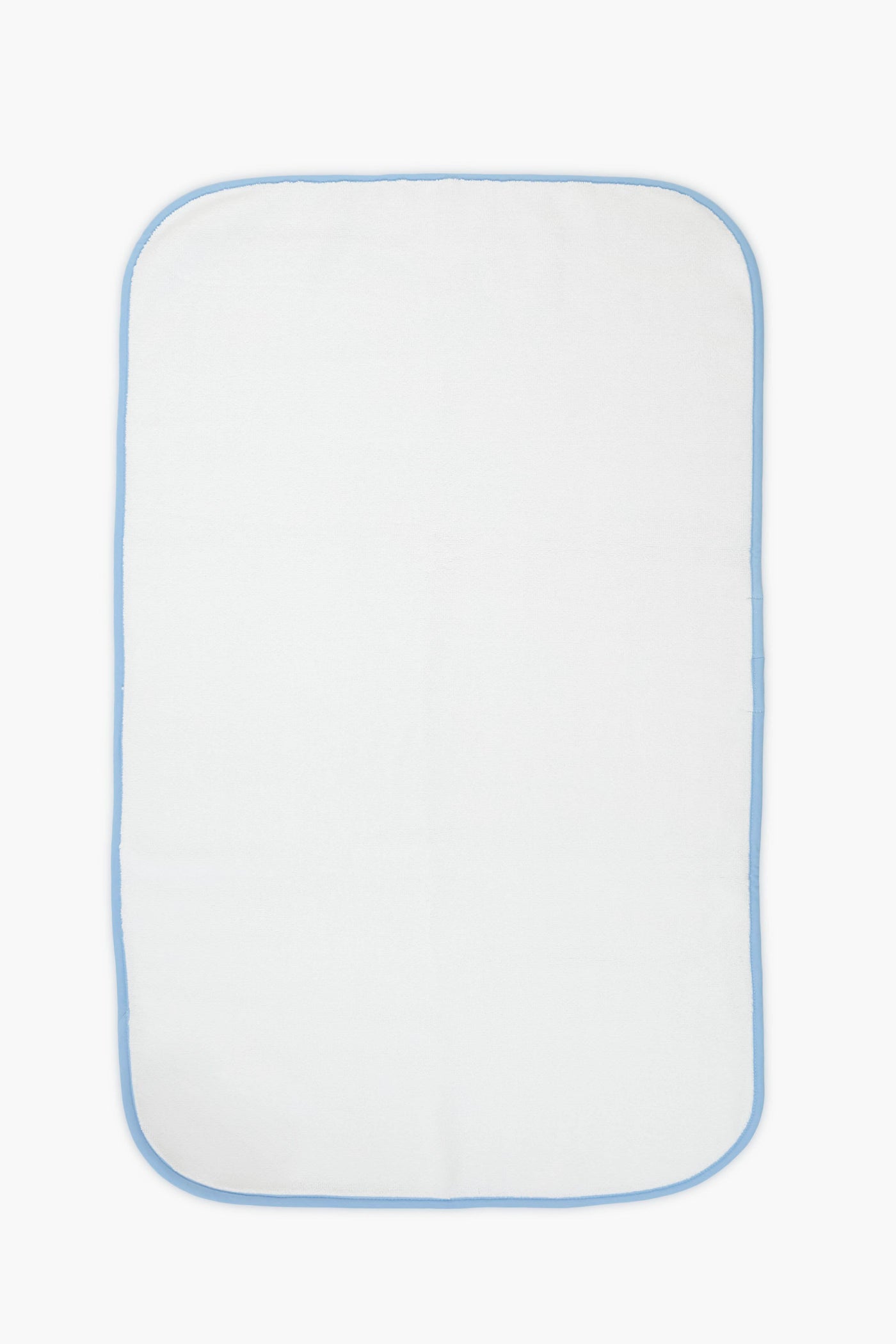The Weezie rectangular white luxury bath mat features rounded corners, a light blue border, and a non-slip design for added safety.