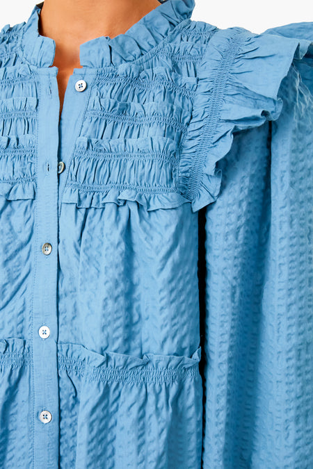 Blue Sevyn Solid Seersucker Button Down Dress