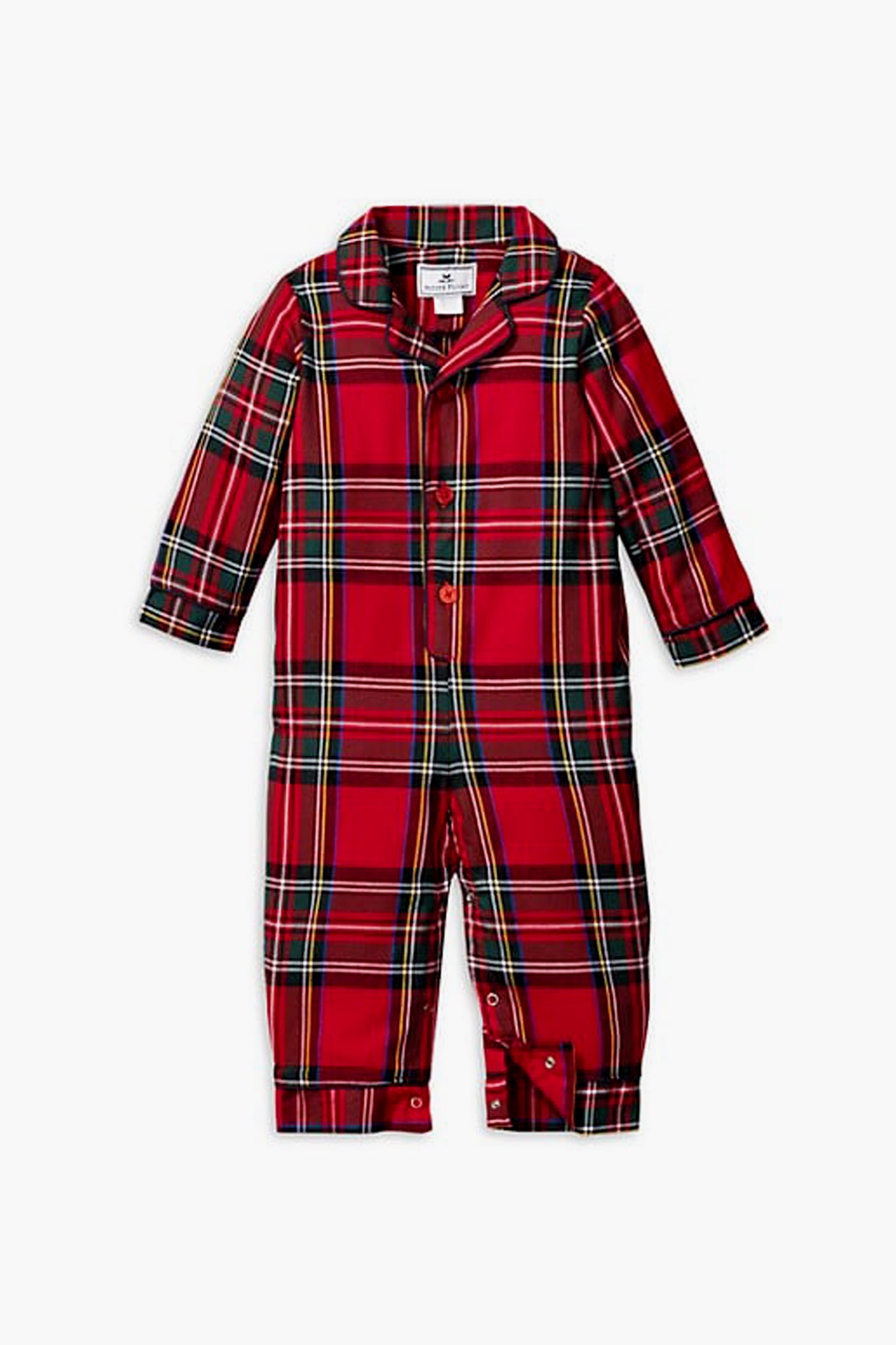 Petite Plume Imperial Tartan red plaid infant pajamas feature long sleeves, front buttons, leg snaps, and are crafted from luxury cotton sleepwear.
