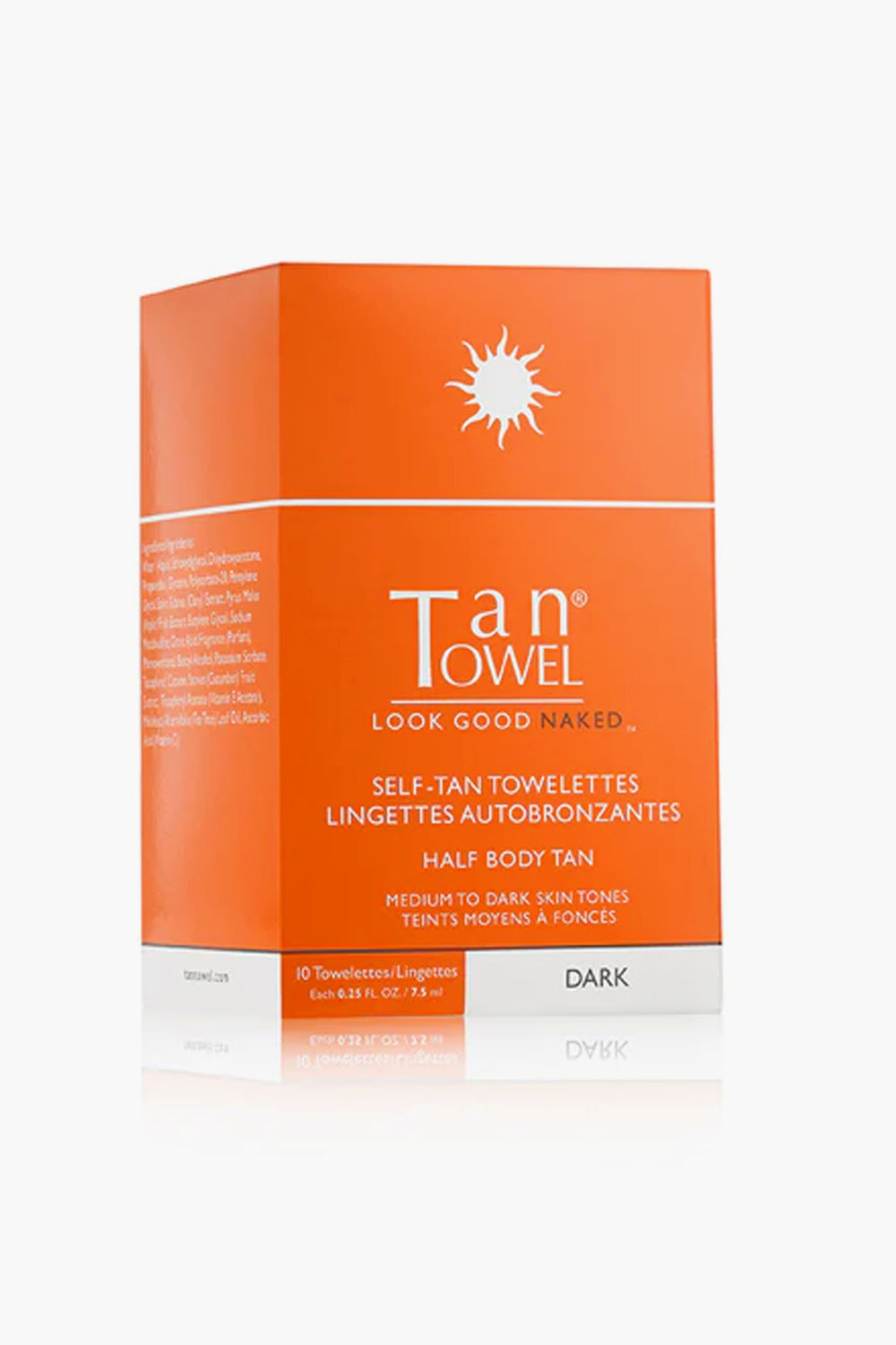 A Tan Towel orange and white box labeled Dark Half Body Tan contains 10 self tan wipes for medium to dark skin tones.