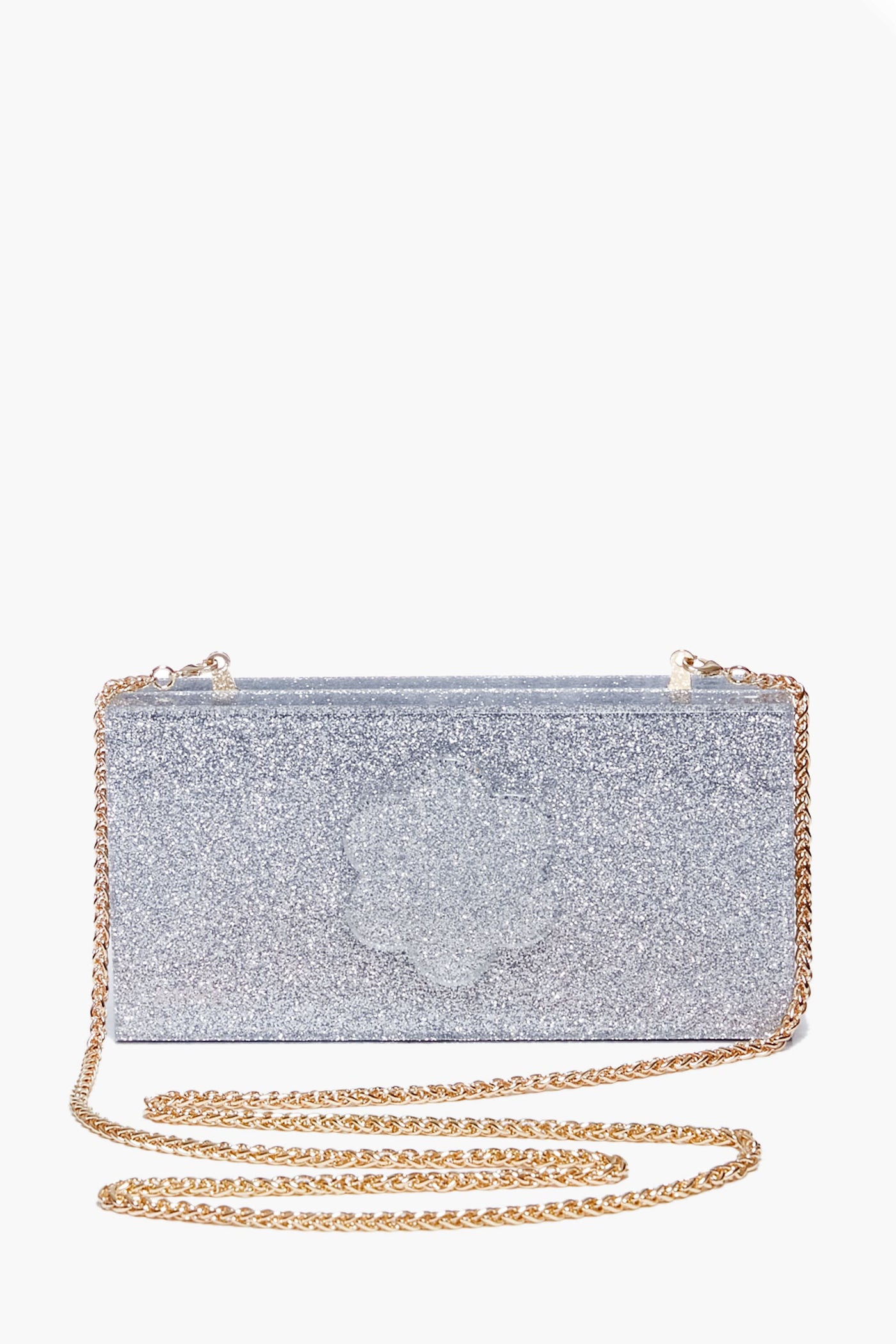 The ASHA Silver Sparkle Flower Clutch is a rectangular bag with a gold chain strap, dazzling glitter, and floral accents.