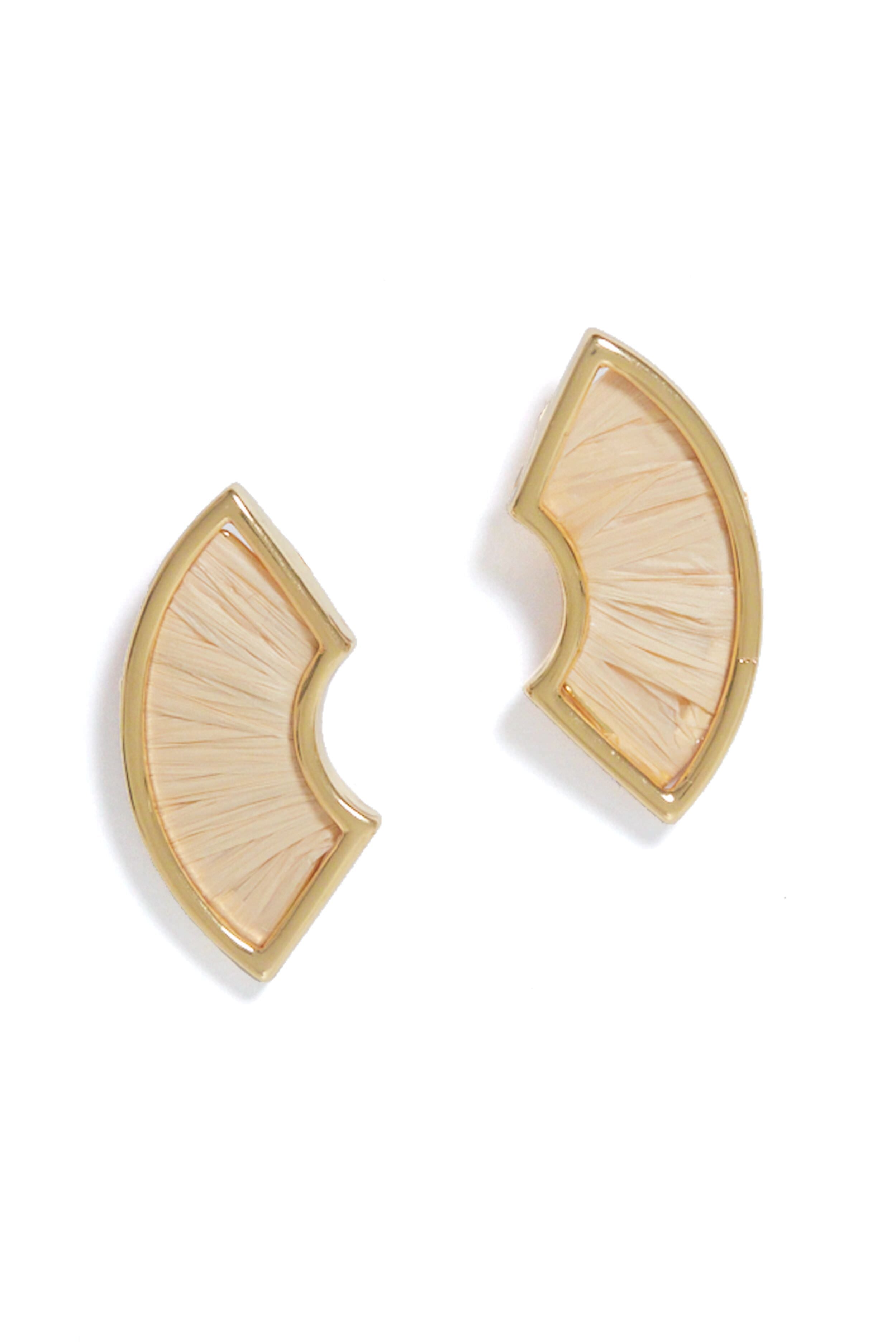 A pair of Mignonne Gavigan 14k gold plated Neutral Mini Jane Earrings featuring a cream textured interior and gold-trimmed semi-circular design—ideal for fans of elegant, hand-woven jewelry.
