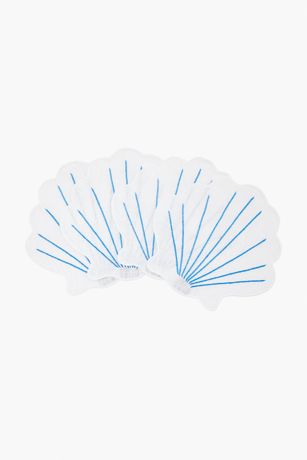 Five white, shell-shaped napkins with blue lines from Chefanie are arranged in a fan pattern, evoking elegant clam shells—perfect for coastal cocktail settings.