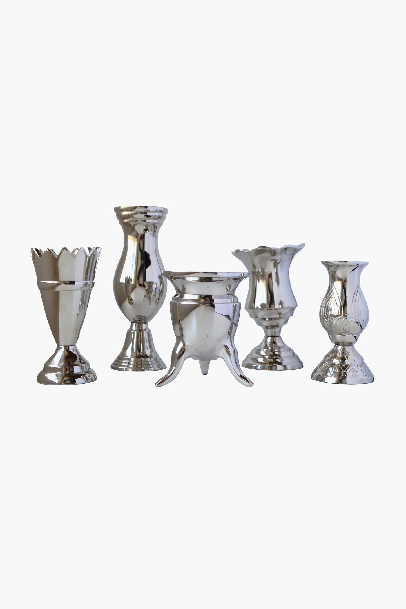 Five assorted silver-colored handcrafted aluminum vases by Chefanie are displayed in a row, perfect as Silver Bud Vases for elegant table decor.