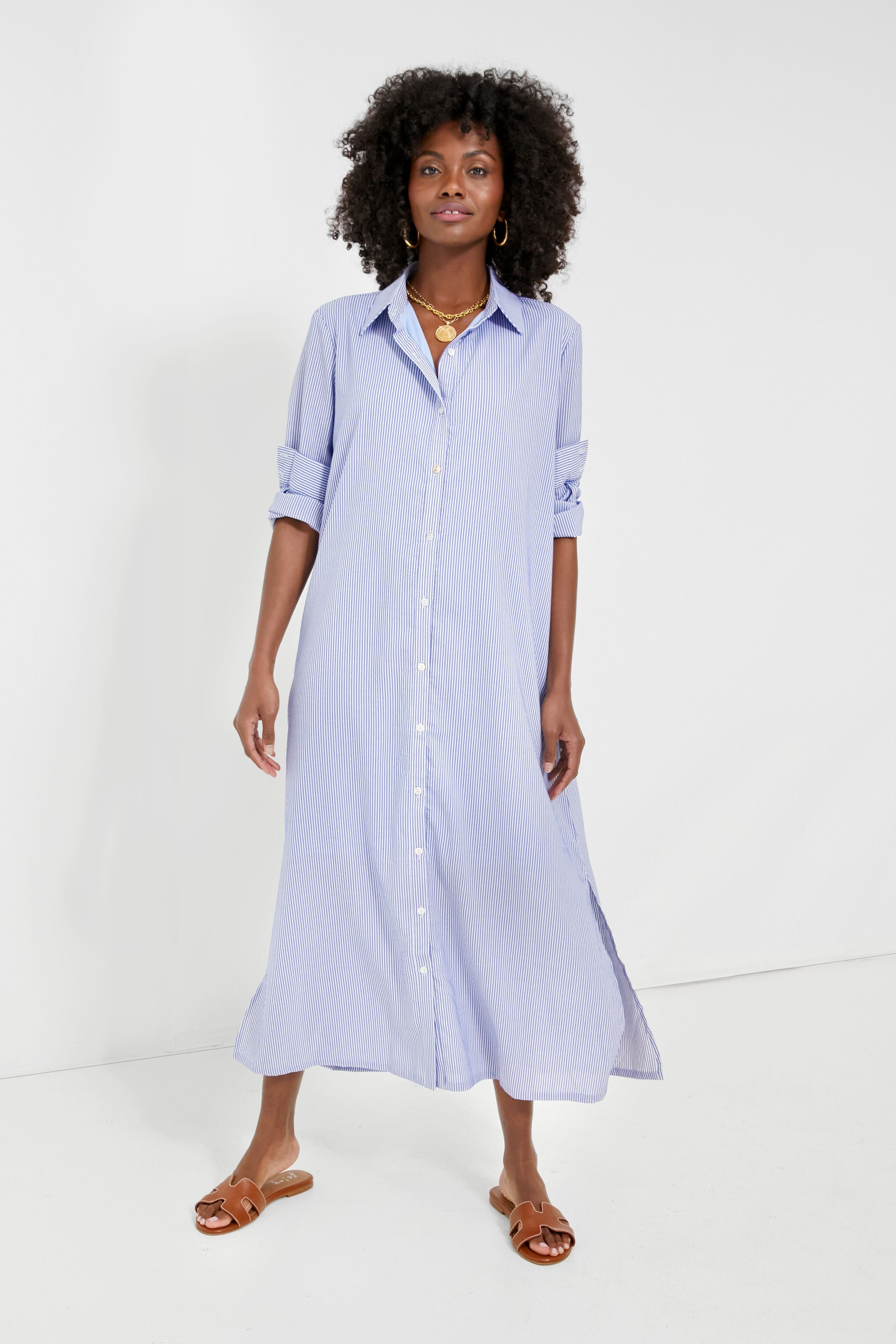light blue button down dress Wherever I Go Light Blue Stripe Smocked Waist Maxi Shirt Dress main image 0