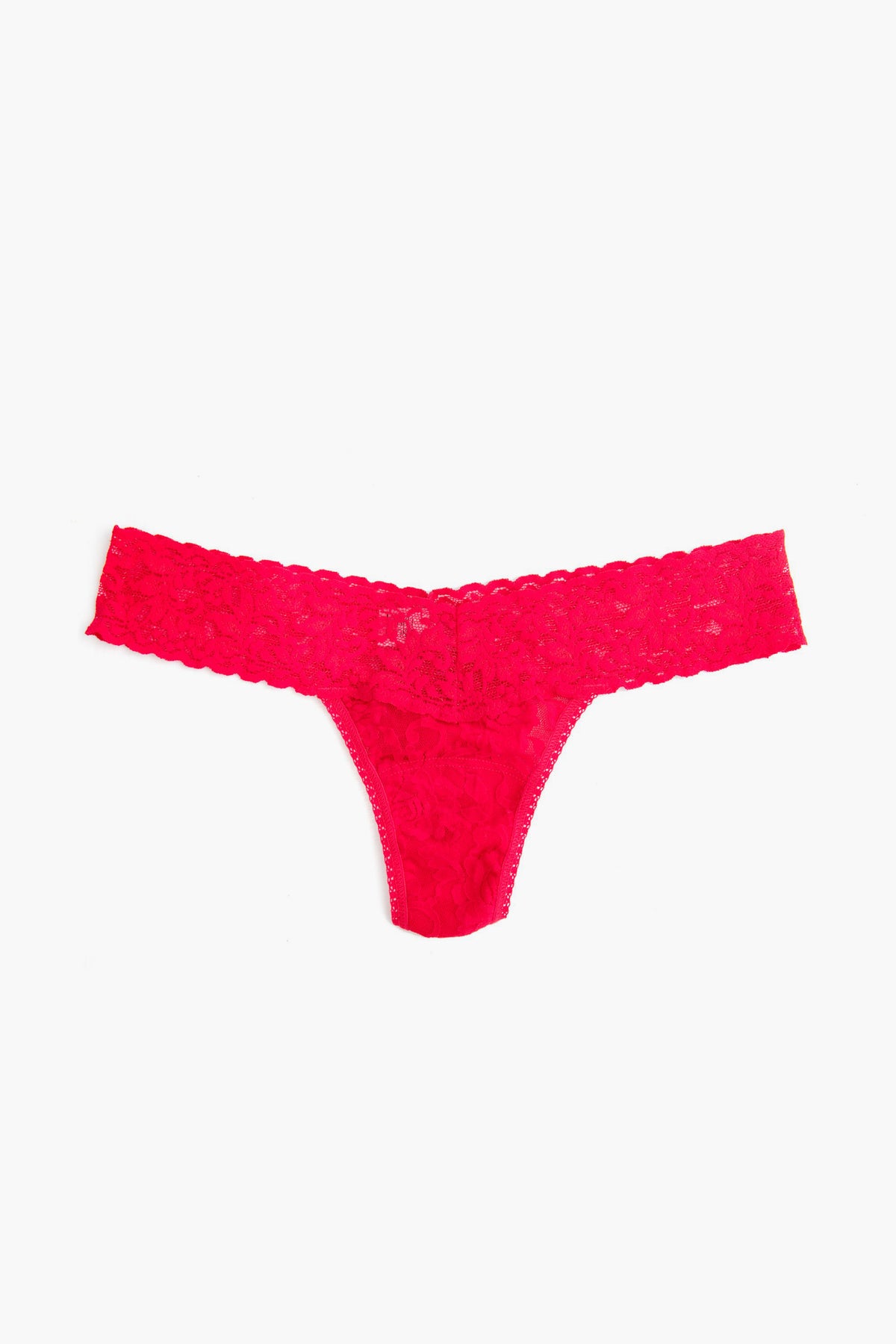 Hanky Panky bright pink low-rise thong in signature stretch lace features a delicate floral pattern, perfect for women’s lingerie collections.