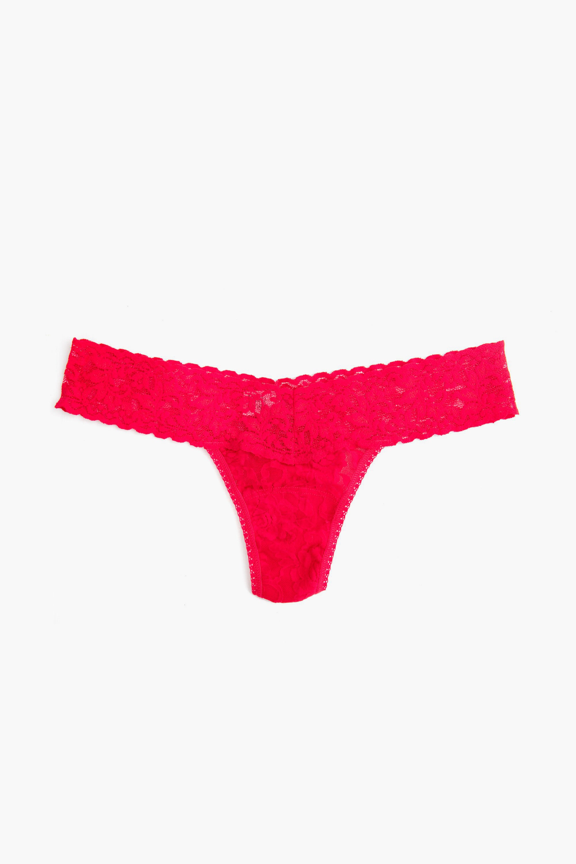 Hanky Panky bright pink low-rise thong in signature stretch lace features a delicate floral pattern, perfect for women’s lingerie collections.