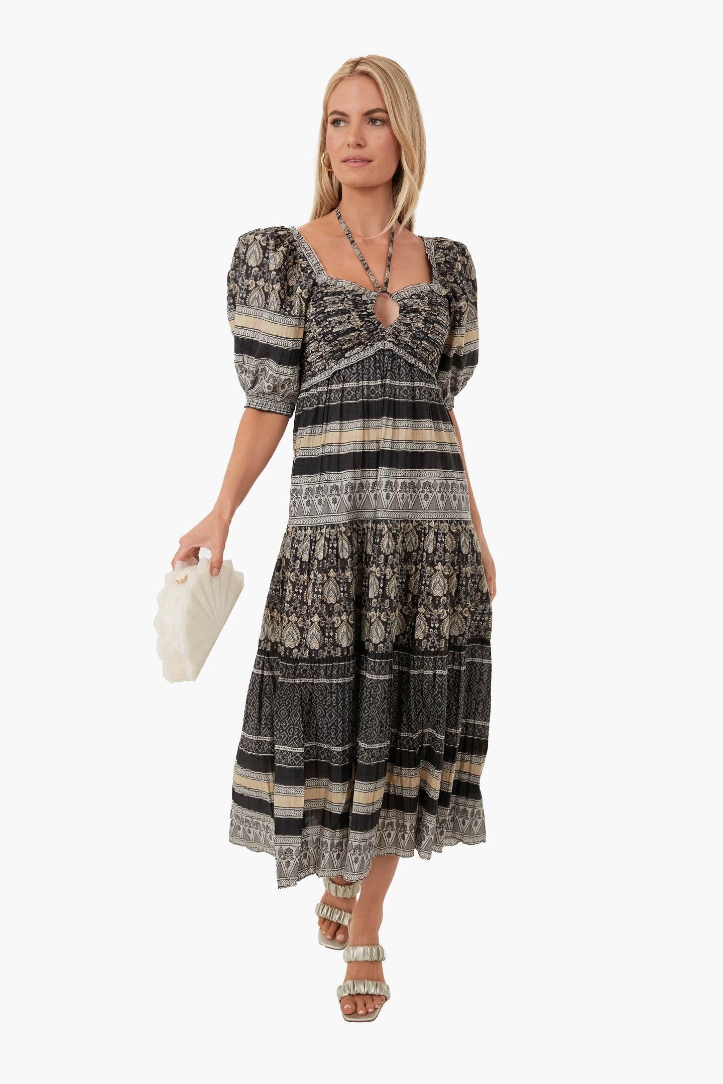 Black Tasha Print Short Sleeve Tiered Dress