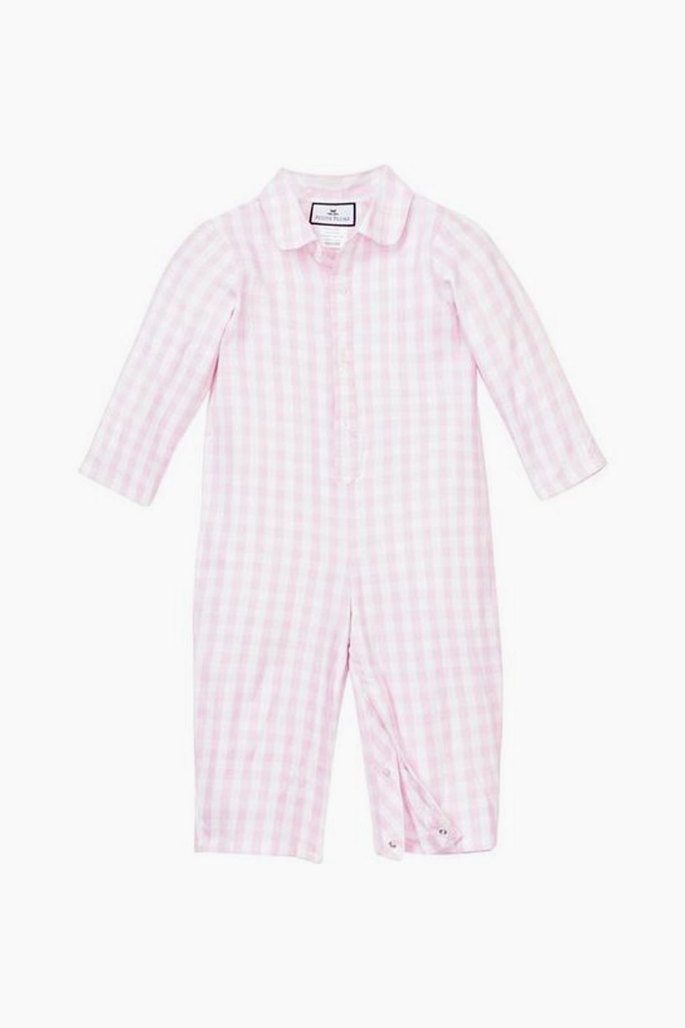 Petite Plume's classic baby romper features long sleeves, a pink and white checkered pattern, a collar, button-down front, and leg snaps. Crafted from luxury cotton sleepwear for ultimate comfort.