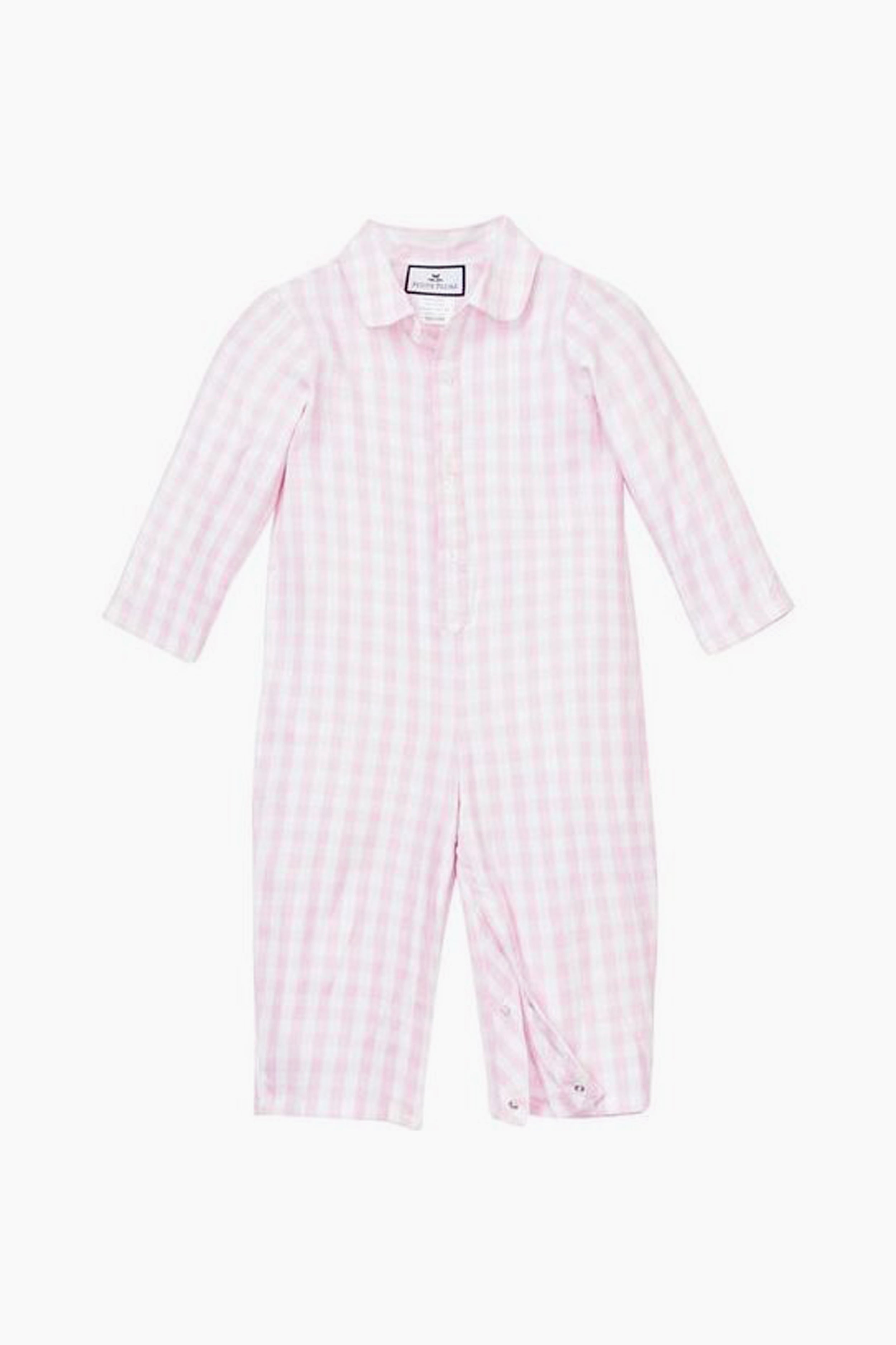 Petite Plume's classic baby romper features long sleeves, a pink and white checkered pattern, a collar, button-down front, and leg snaps. Crafted from luxury cotton sleepwear for ultimate comfort.