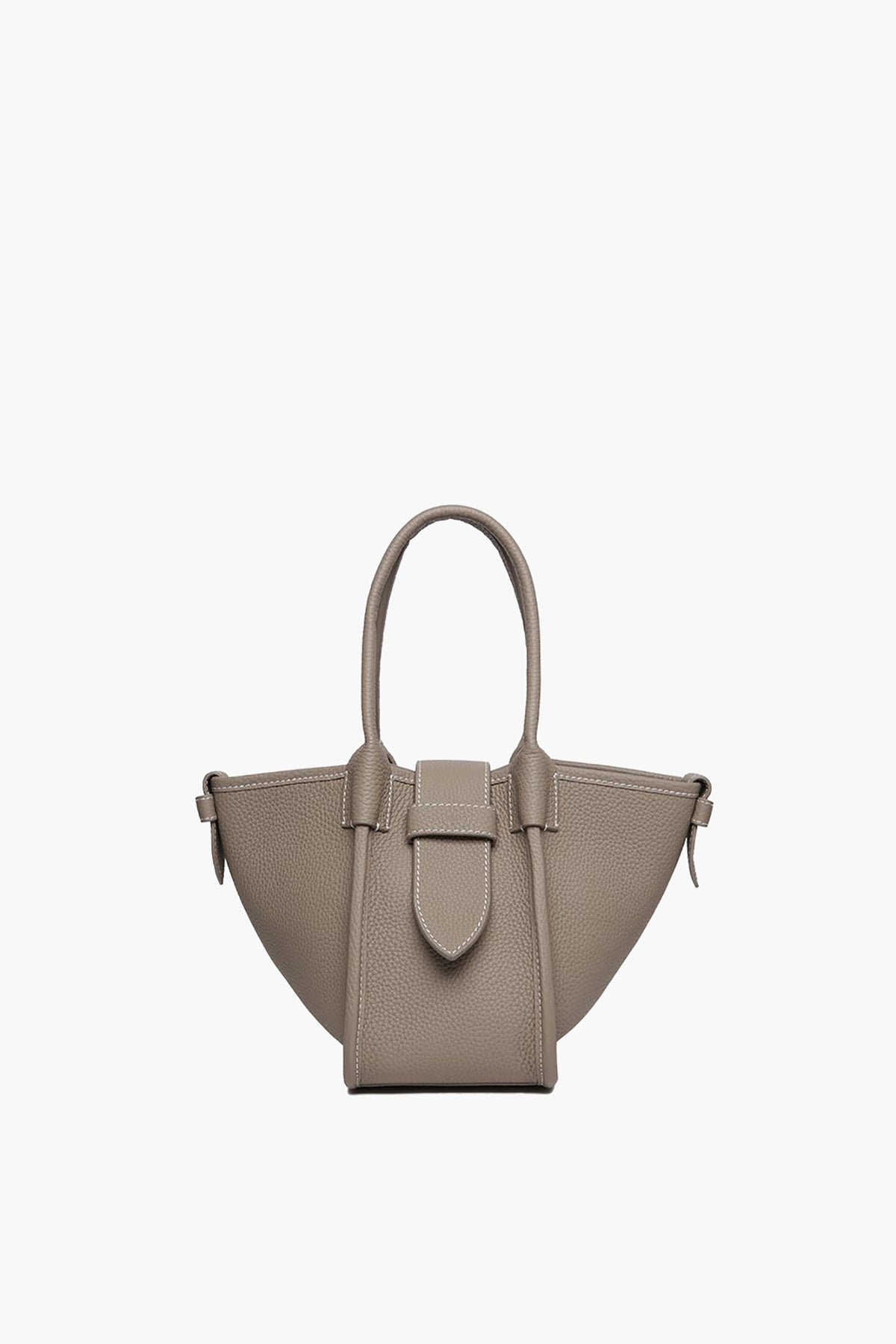 Vasic taupe pebble leather bag featuring two handles, a flap closure, and a structured, angular silhouette.