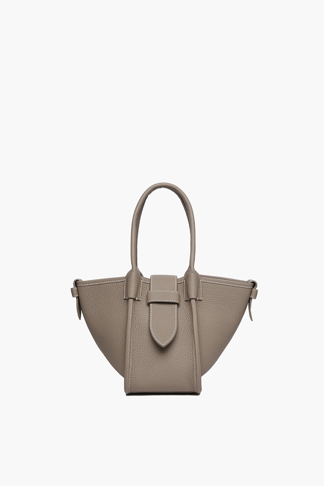 Vasic taupe pebble leather bag featuring two handles, a flap closure, and a structured, angular silhouette.