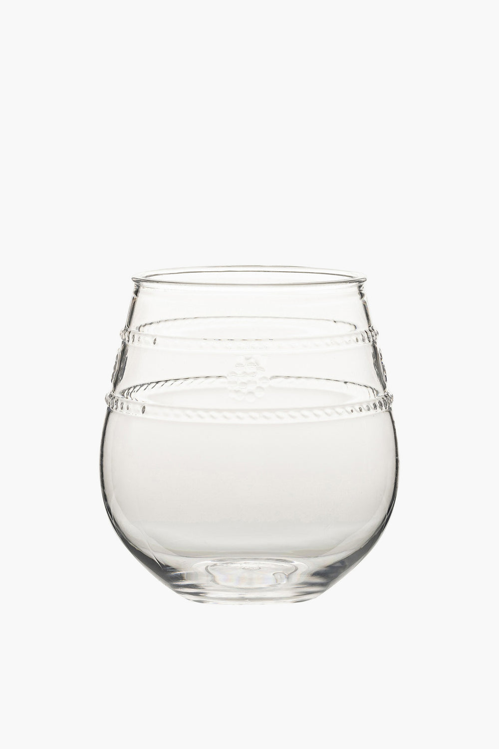 The Juliska clear, round stemless wine glass features a slightly tapered top and decorative horizontal etched lines around the upper half—perfect for outdoor dining.