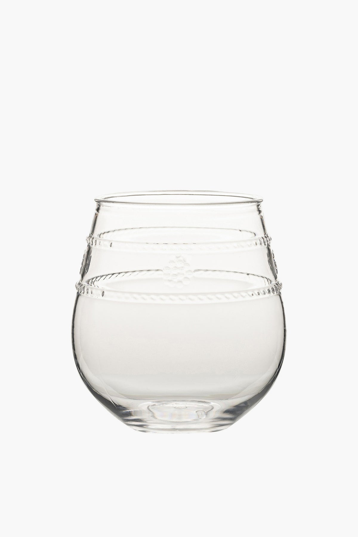The Juliska clear, round stemless wine glass features a slightly tapered top and decorative horizontal etched lines around the upper half—perfect for outdoor dining.