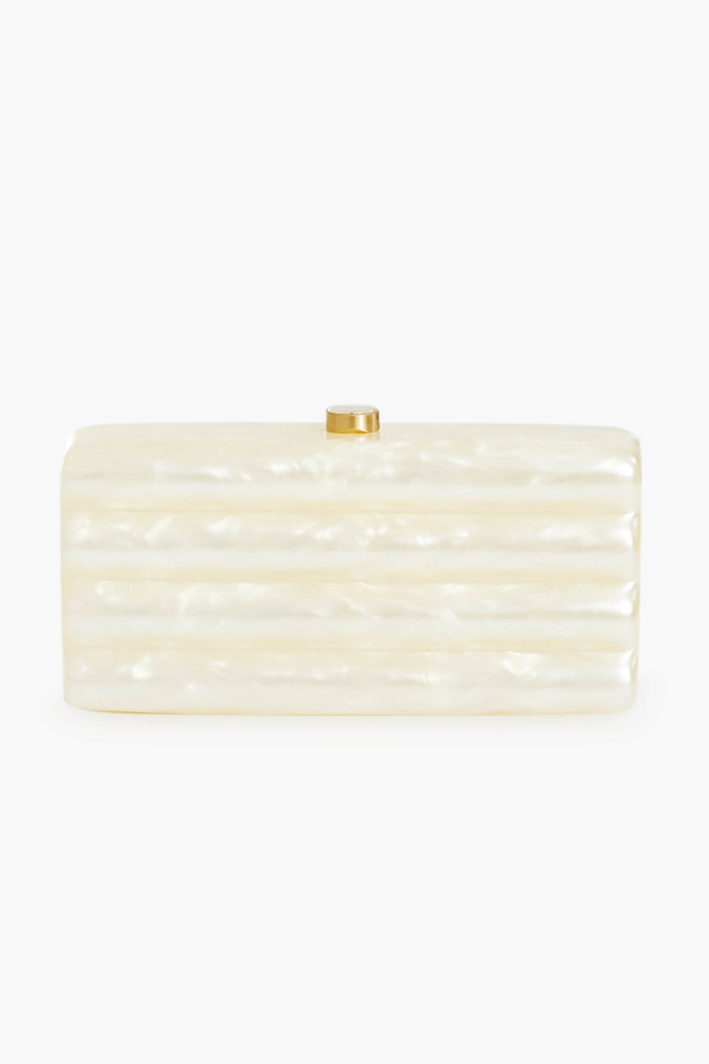 Rectangular white acrylic clutch with a pearlescent finish and gold clasp by Cult Gaia, inspired by the Ivory Enid Clutch.