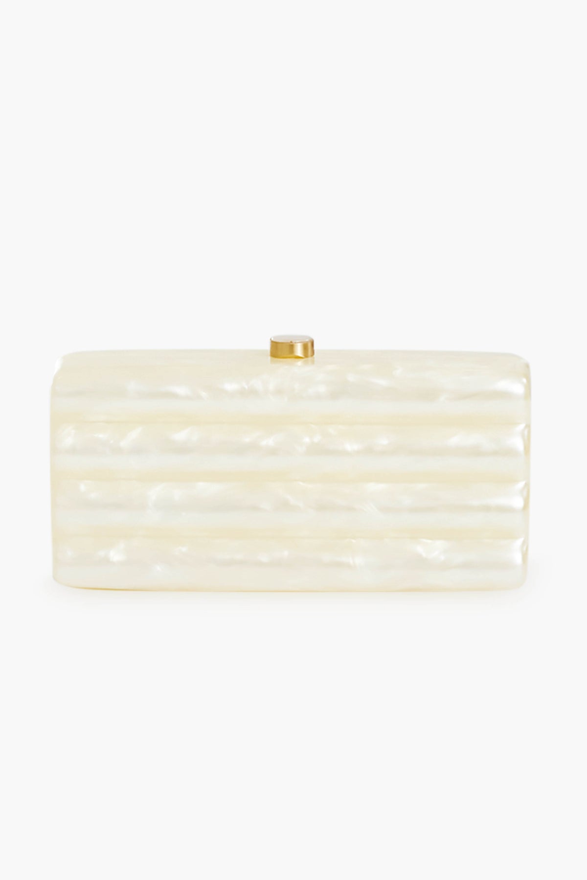 Rectangular white acrylic clutch with a pearlescent finish and gold clasp by Cult Gaia, inspired by the Ivory Enid Clutch.