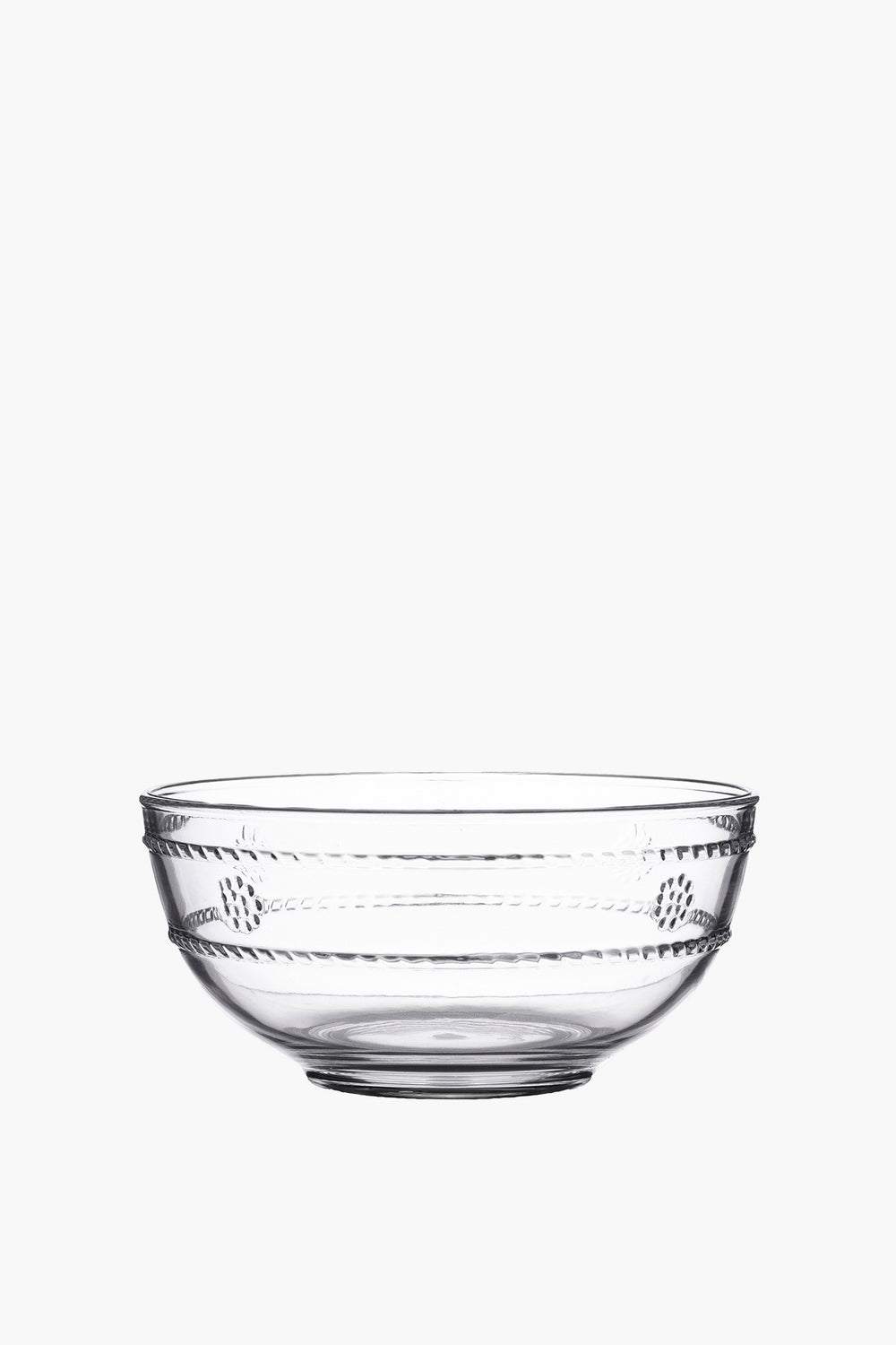 Juliska clear glass bowl with a simple round shape and subtle horizontal grooves, inspired by the Al Fresco Collection, is perfect for versatile serving.