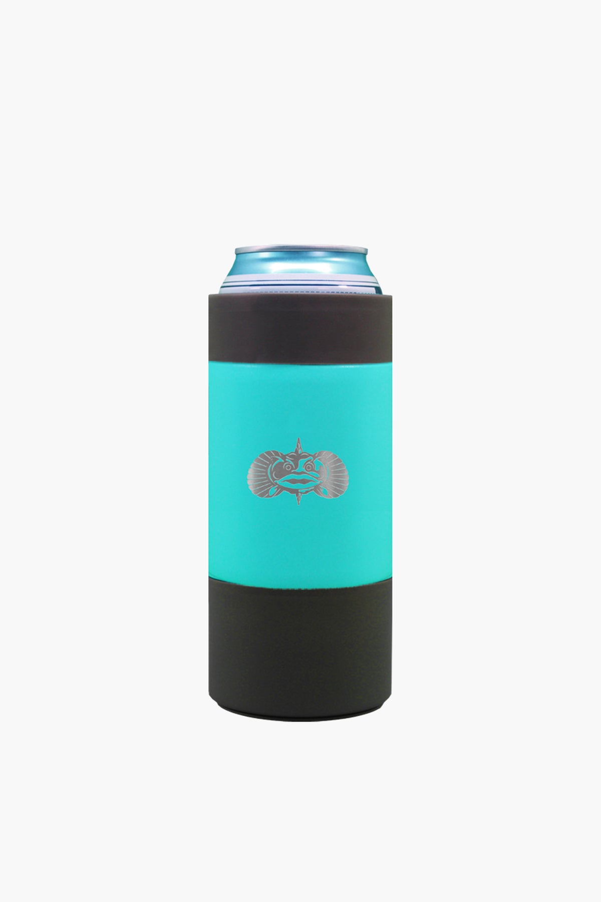 A blue beverage can rests in a teal and black Toadfish insulated non-tipping can cooler with SmartGrip technology and a front logo, highlighting eco-friendly coastal products.