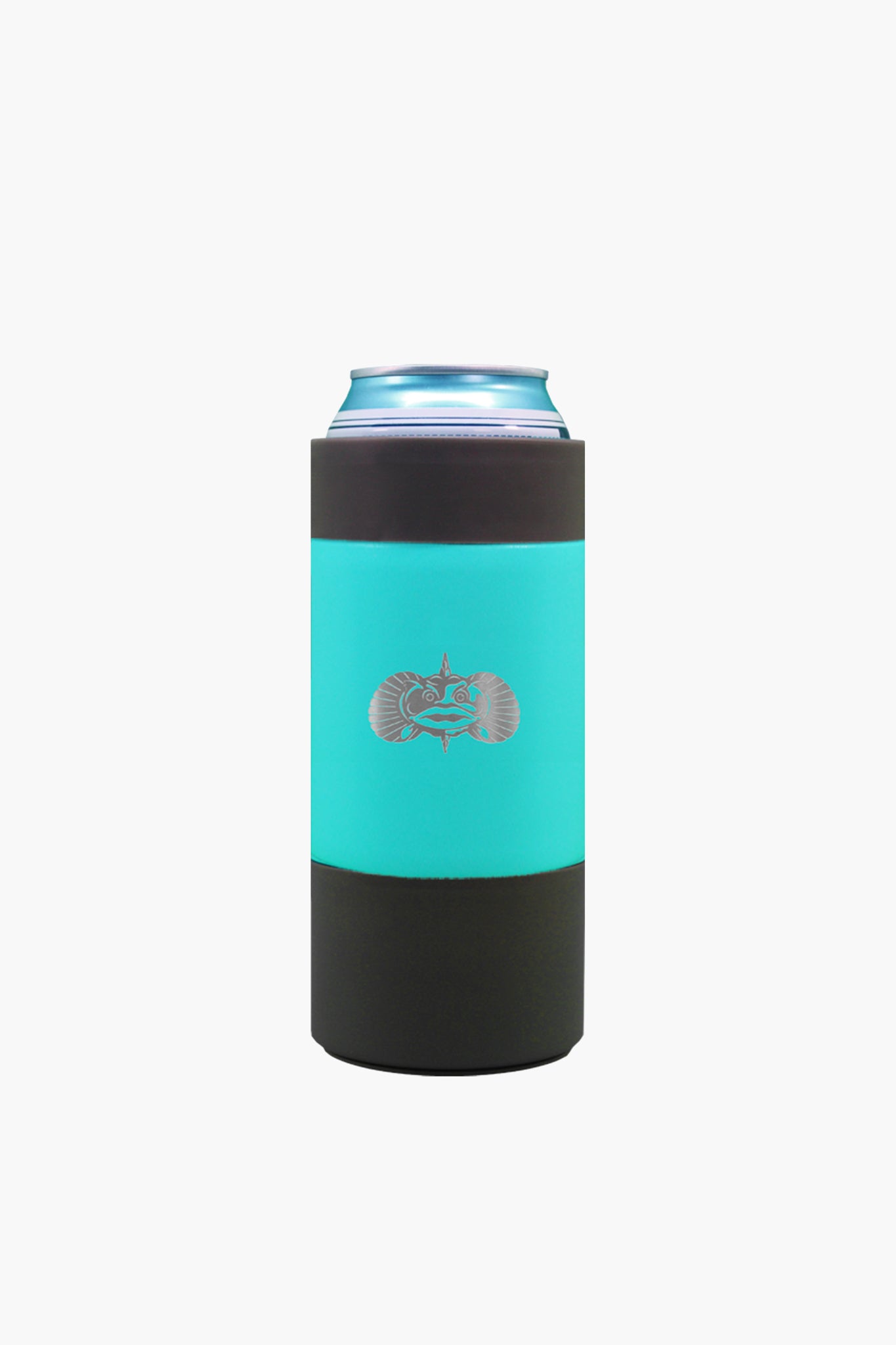 A blue beverage can rests in a teal and black Toadfish insulated non-tipping can cooler with SmartGrip technology and a front logo, highlighting eco-friendly coastal products.