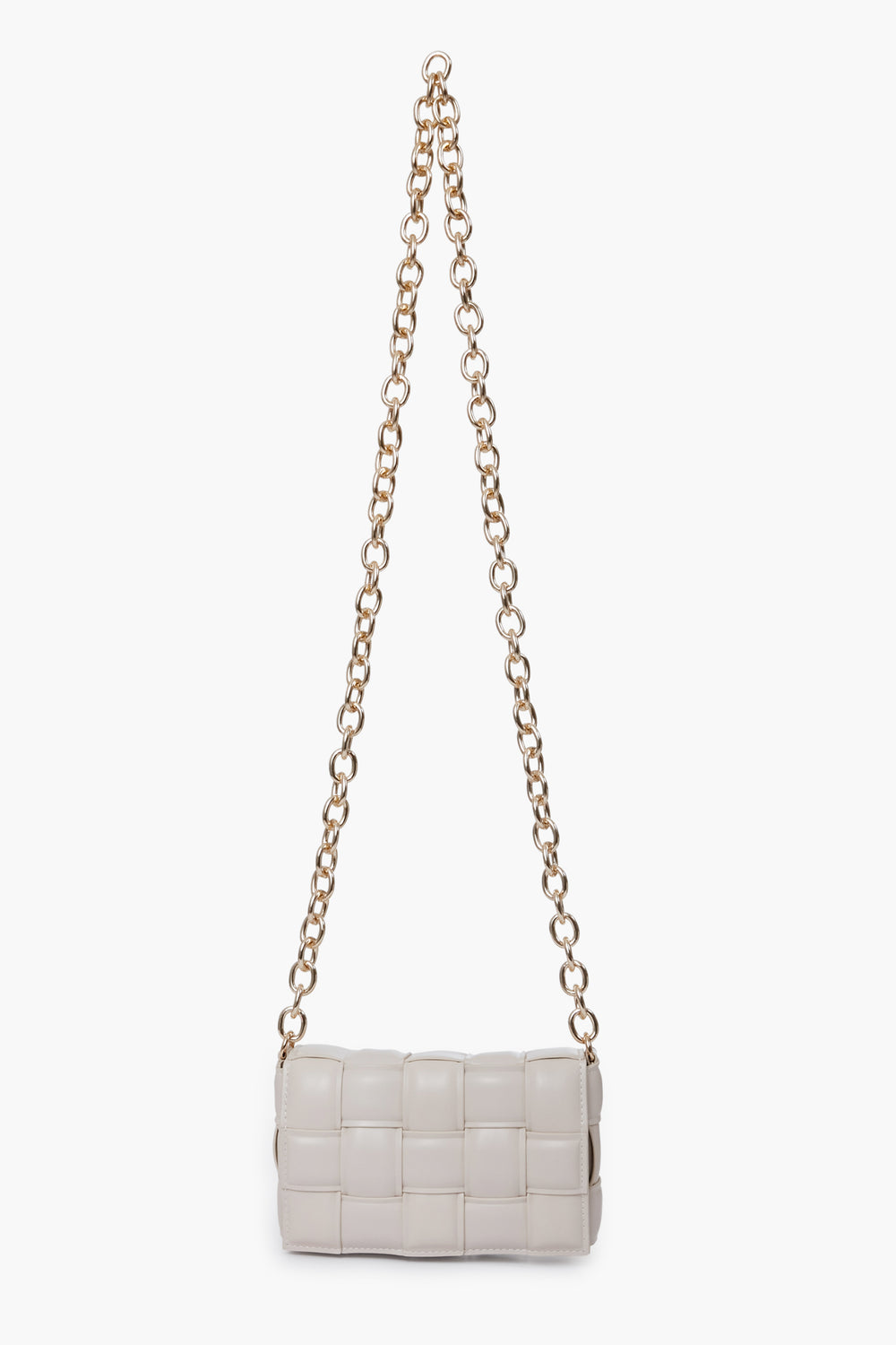 The Urban Expressions small rectangular white crossbody bag features a woven pattern, long gold chain strap, and is crafted from animal-friendly materials.