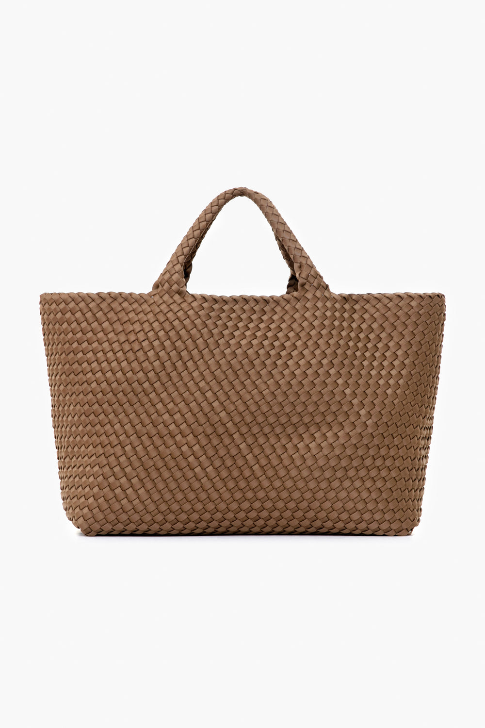 A brown woven handbag with two short handles, designed by Naghedi.