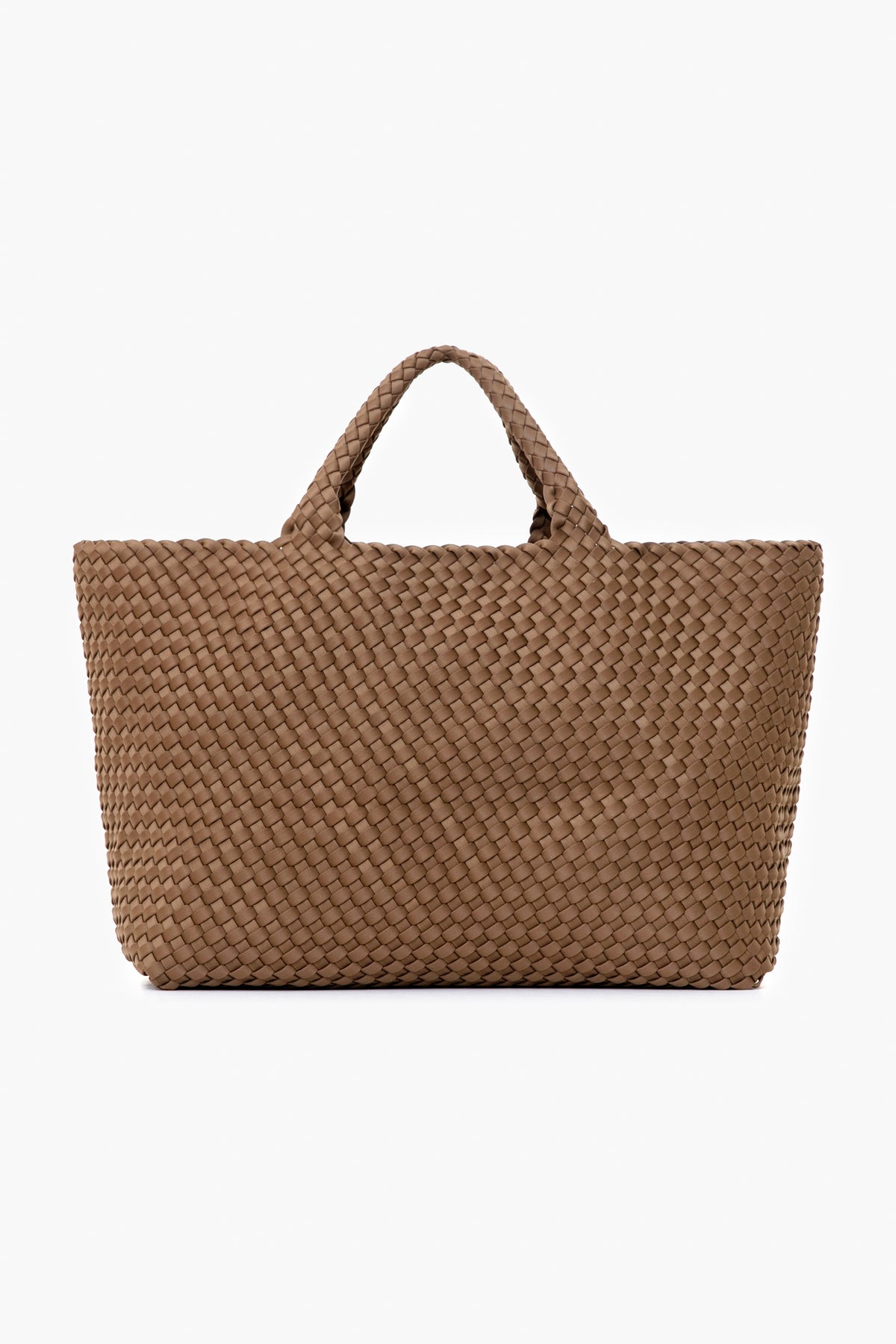 A brown woven handbag with two short handles, designed by Naghedi.