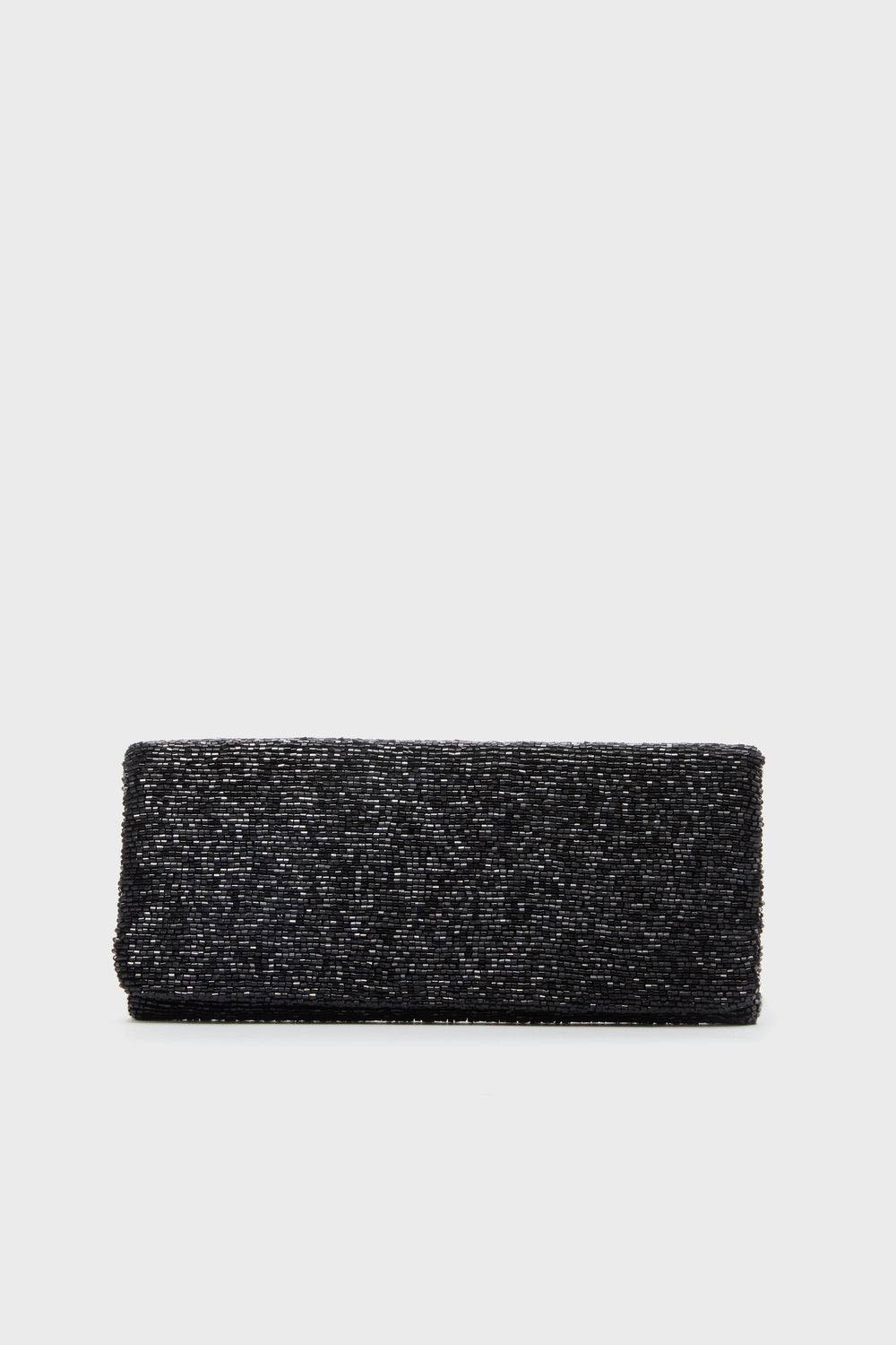 The Tiana Designs rectangular black beaded clutch purse is showcased, making it a perfect choice for an elegant evening bag.