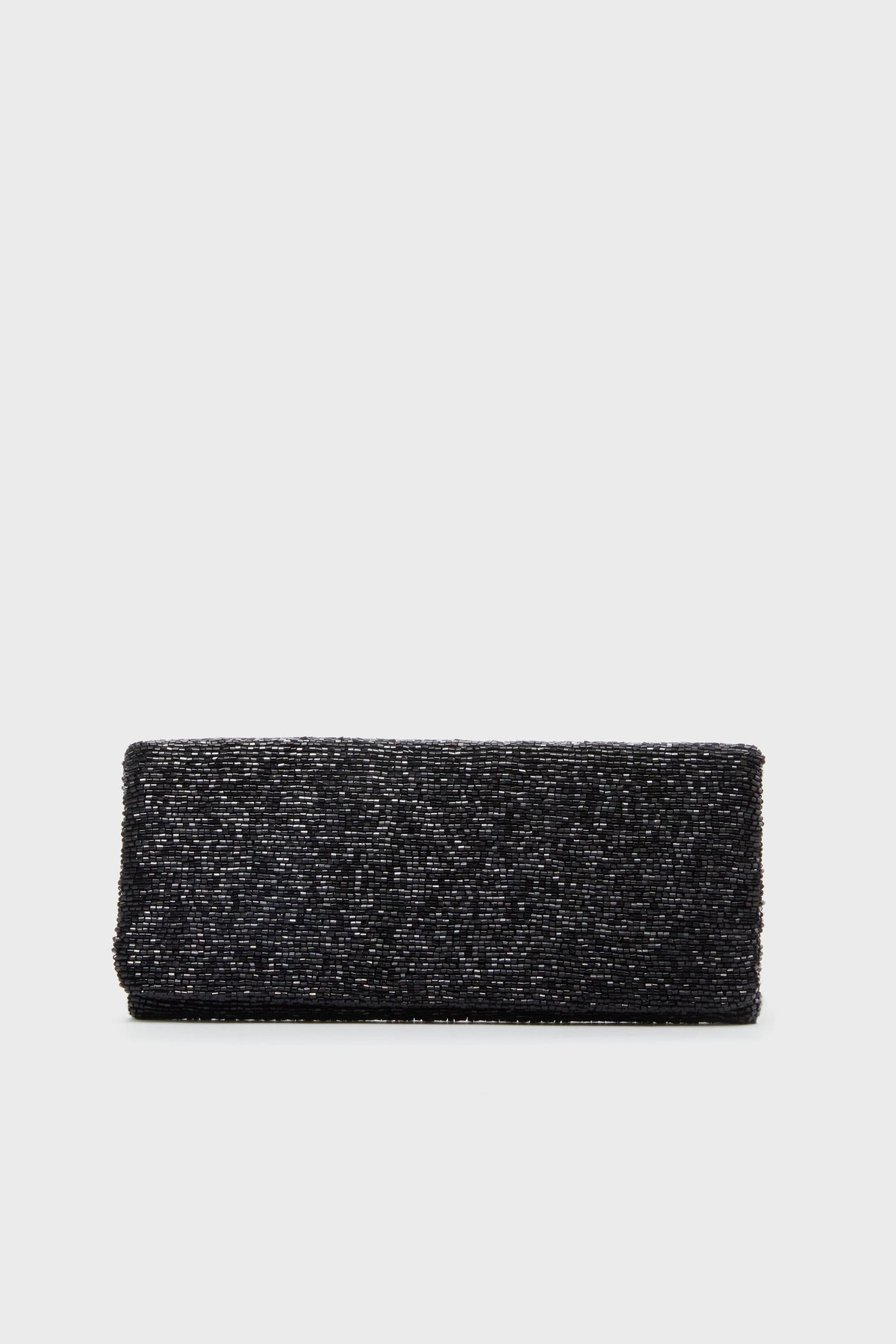 The Tiana Designs rectangular black beaded clutch purse is showcased, making it a perfect choice for an elegant evening bag.