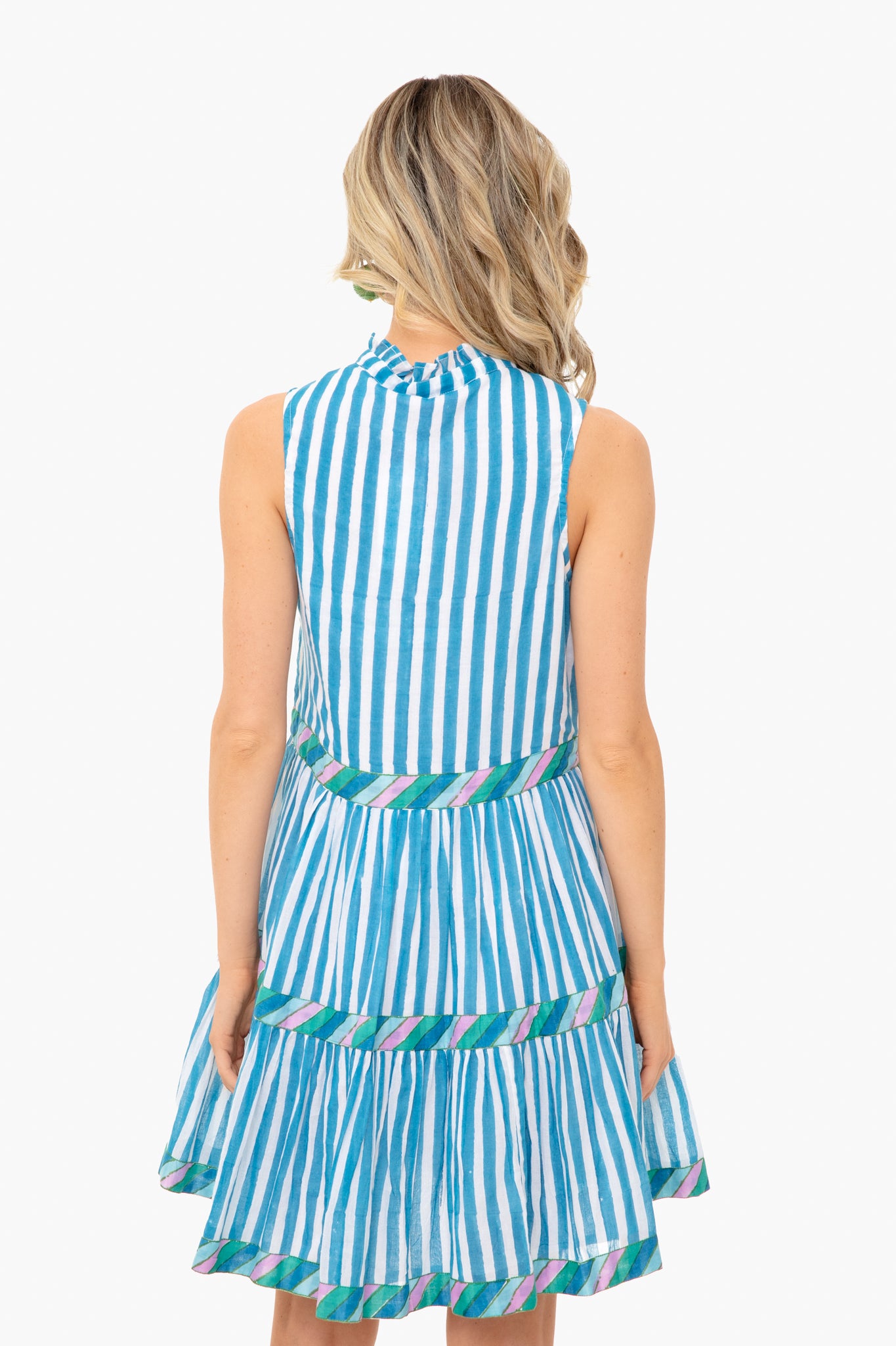 Oliphant Dress Women XL Blue White Stripe Sleeveless Yoke Dress Mini Shift