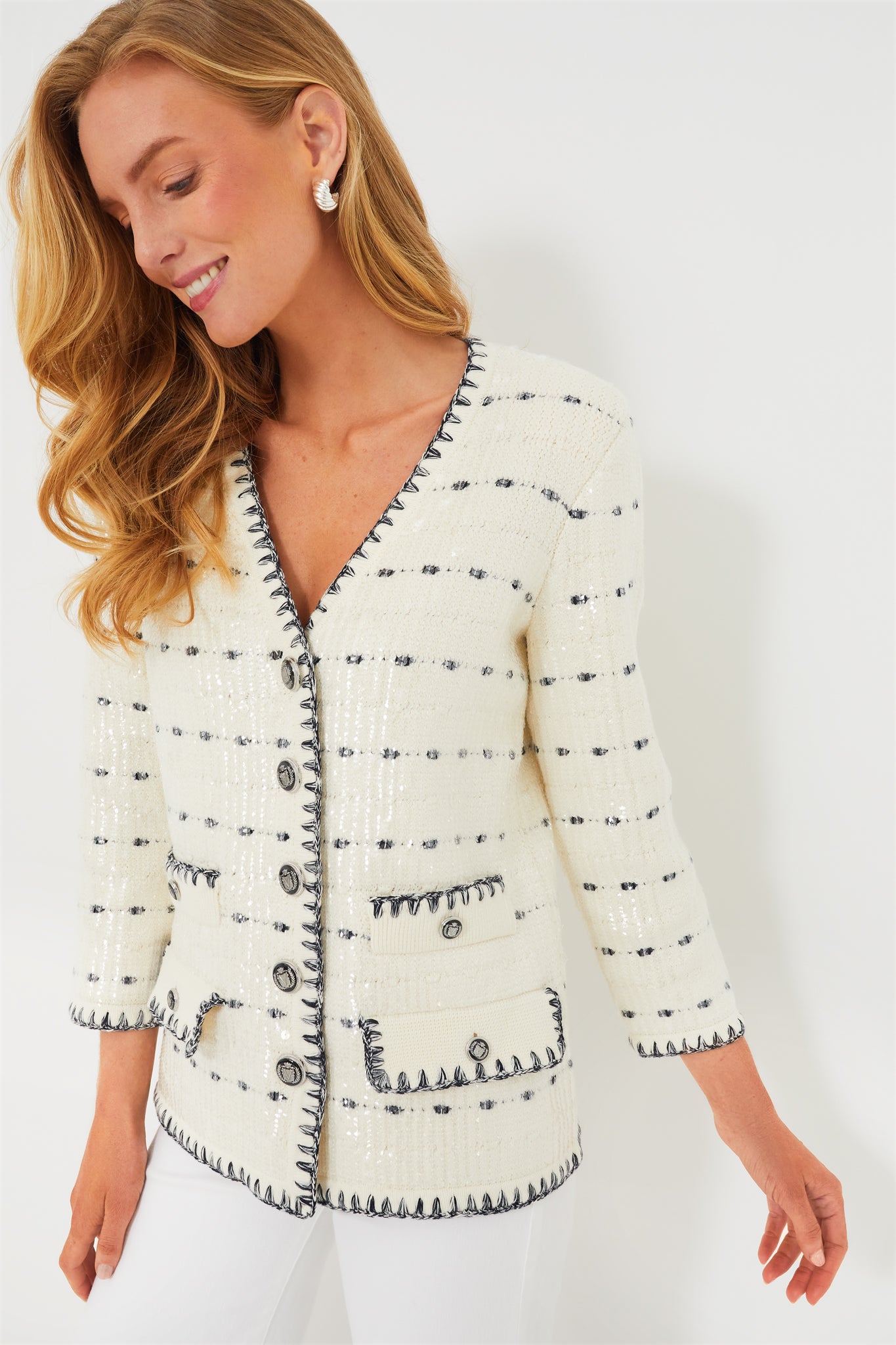 Off White and Navy Ceriani Knit Jacket with Sequins | Veronica Beard
