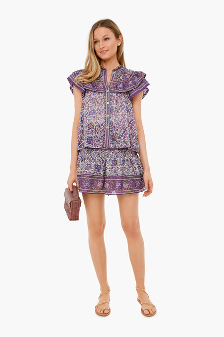 Purple Rosita Border Print Flutter Sleeve Top