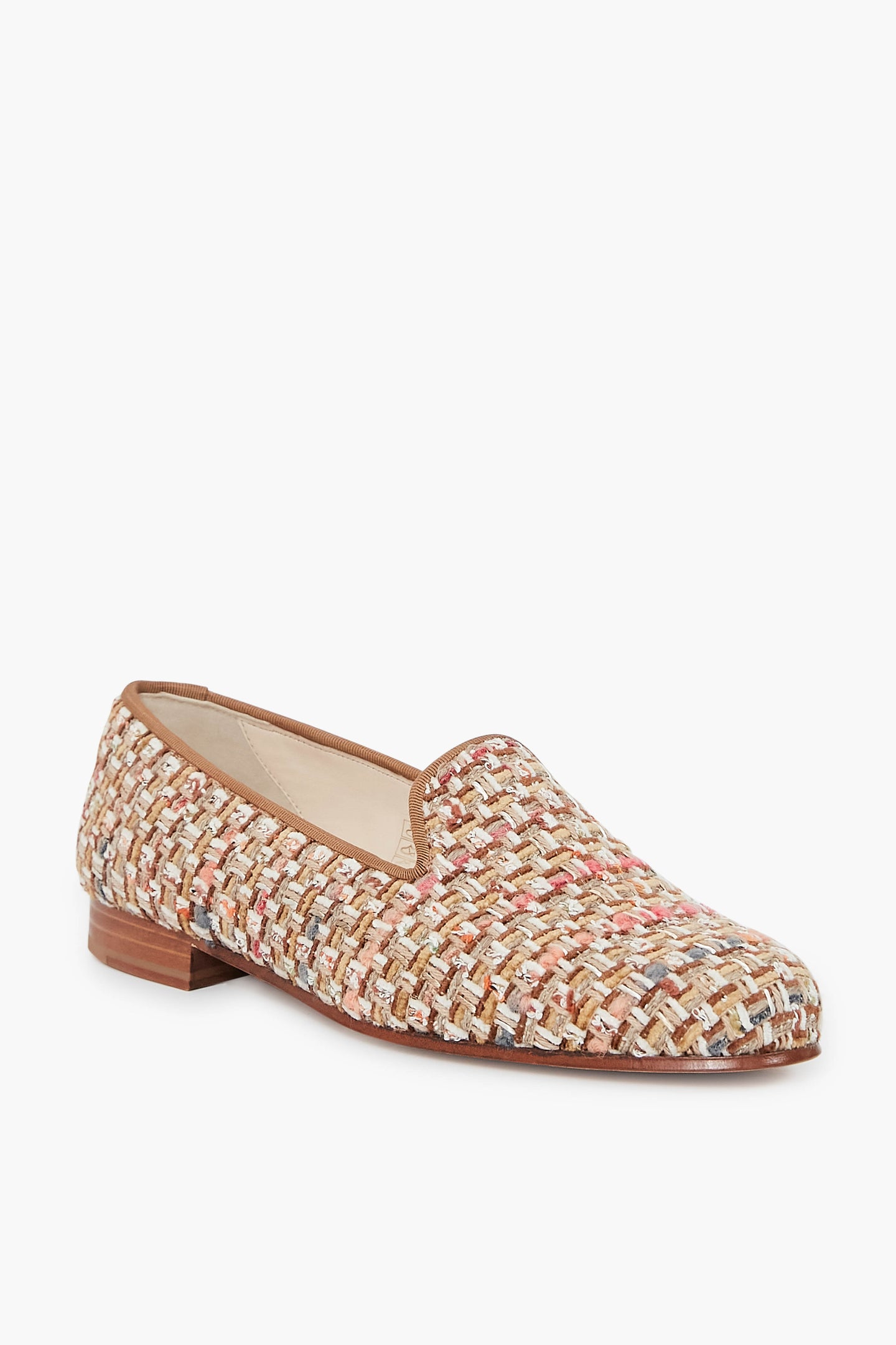 Stubbs & Wootton women's flat tweed loafer with a low wooden heel features a multicolored woven fabric upper and tan trim, offering a stylish slip-on shoe.