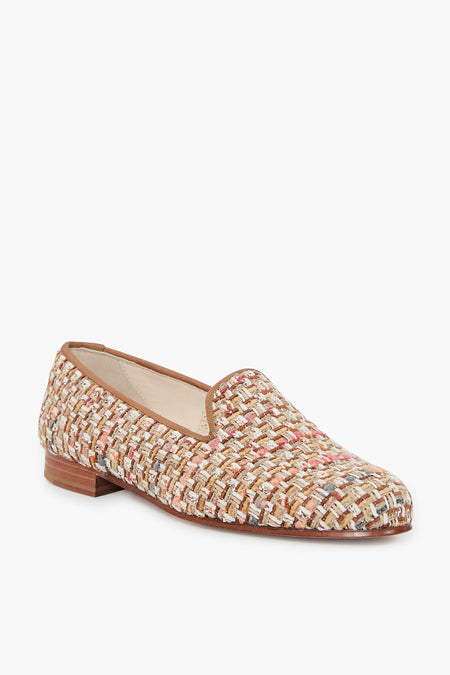 Stubbs & Wootton women's flat tweed loafer with a low wooden heel features a multicolored woven fabric upper and tan trim, offering a stylish slip-on shoe.