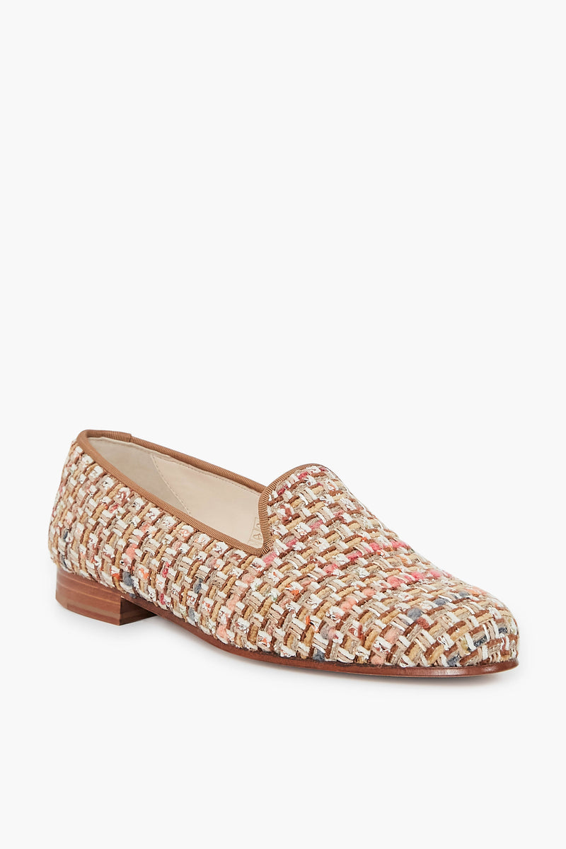 Stubbs & Wootton women's flat tweed loafer with a low wooden heel features a multicolored woven fabric upper and tan trim, offering a stylish slip-on shoe.