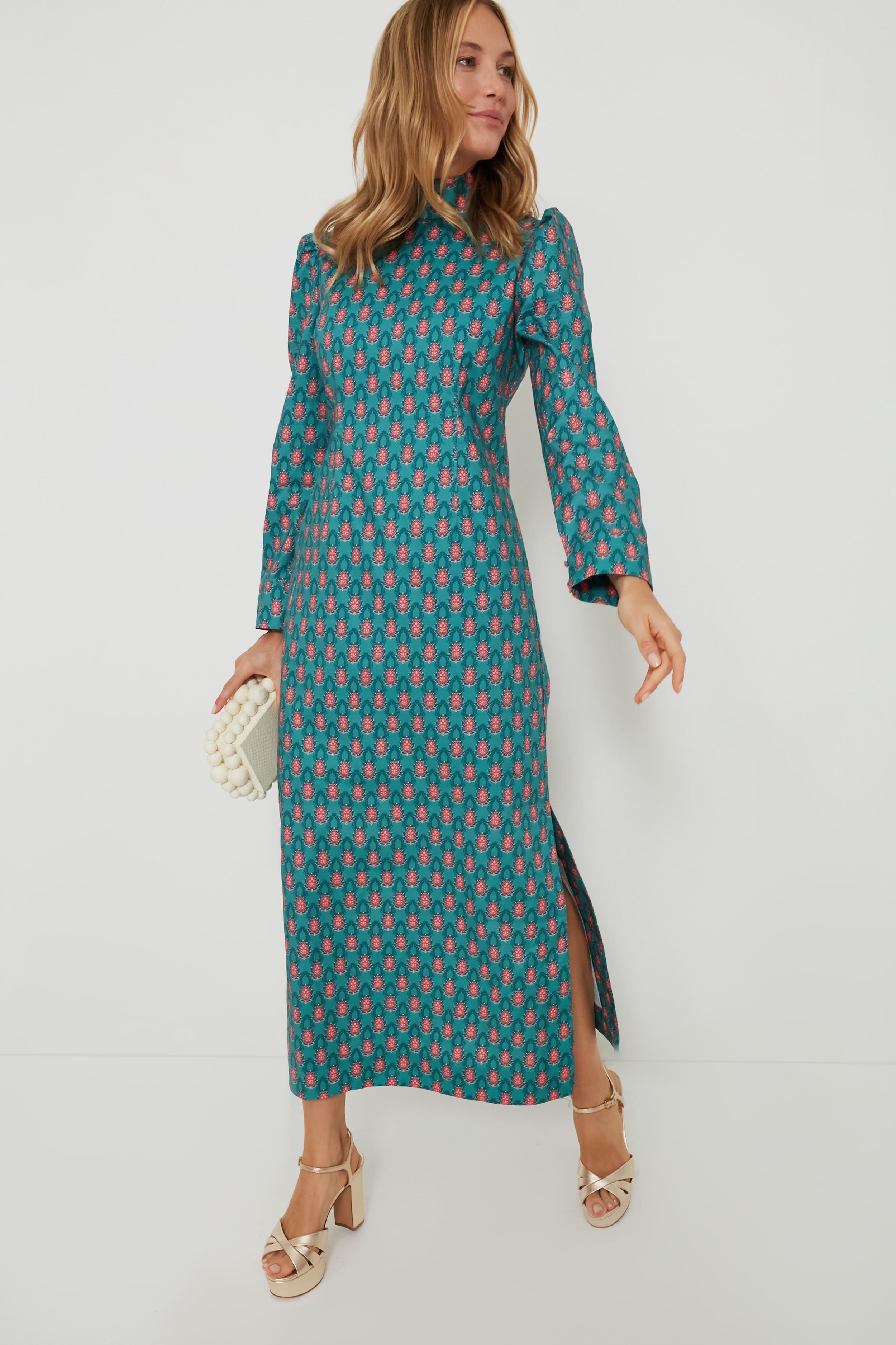 Teal & Red Floral Mock Neck Maris Dress