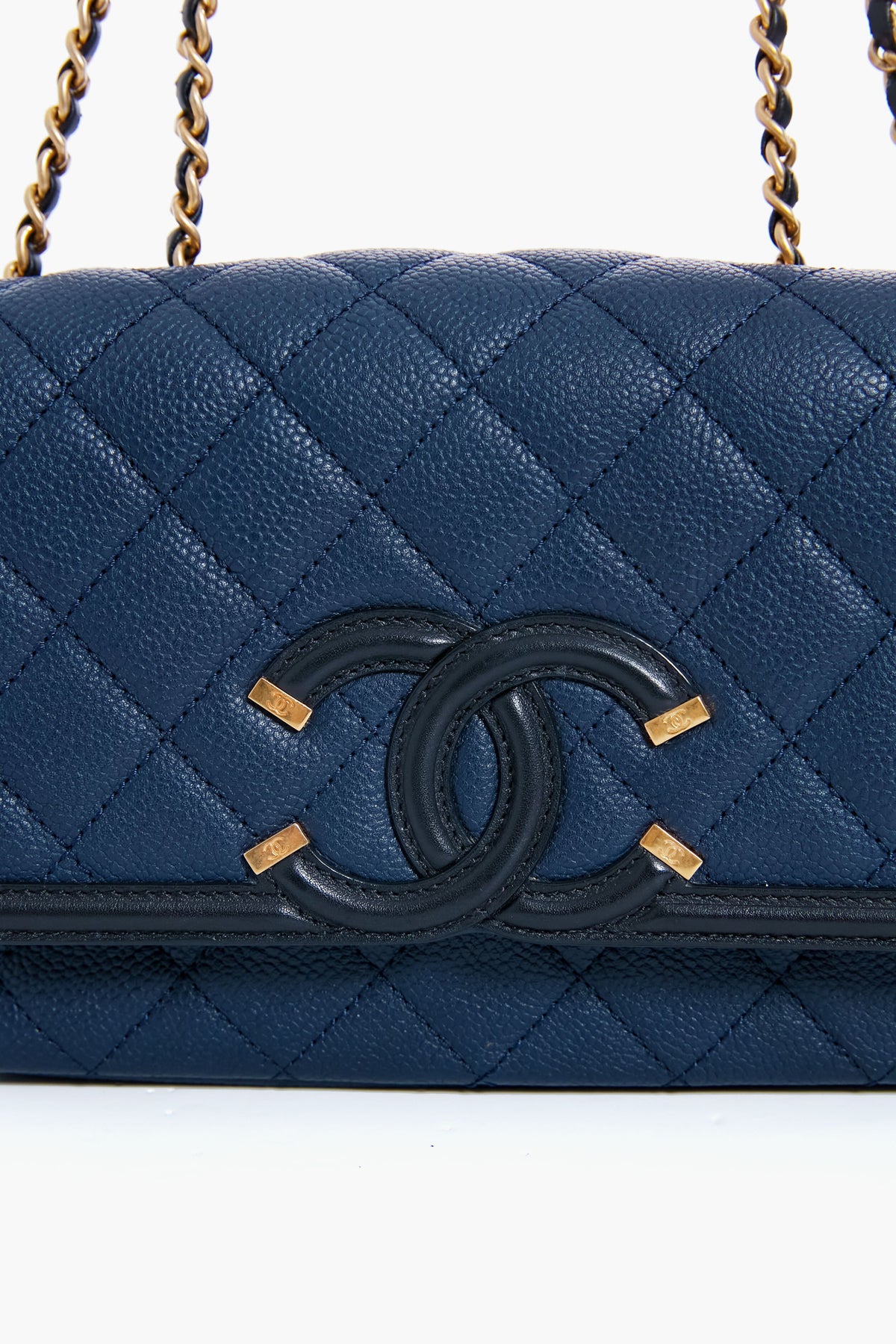 CHANEL Black and Navy Filigree Flap Shoulder Bag