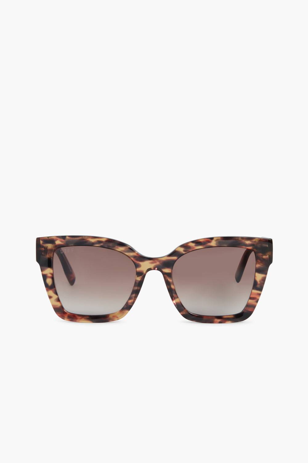 Front view of DIFF Eyewear oversized square sunglasses with brown tortoiseshell frames and gradient brown polarized lenses.