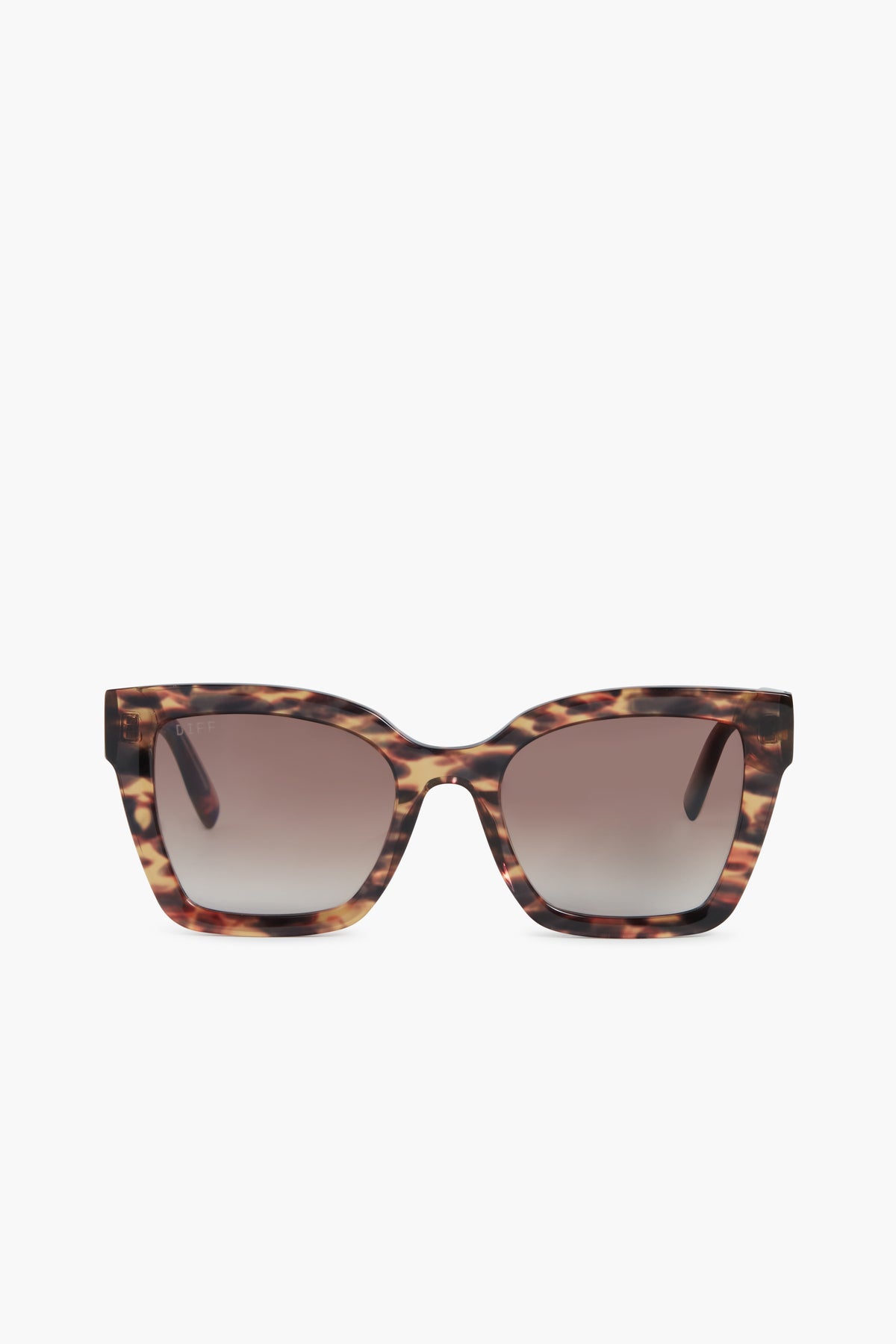 Front view of DIFF Eyewear oversized square sunglasses with brown tortoiseshell frames and gradient brown polarized lenses.
