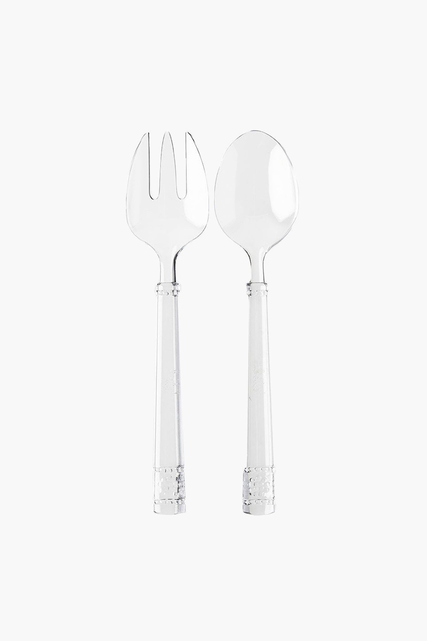 A silver Juliska salad fork and spoon with ornate handles from the Al Fresco Collection are crafted from BPA-free acrylic and placed side by side.