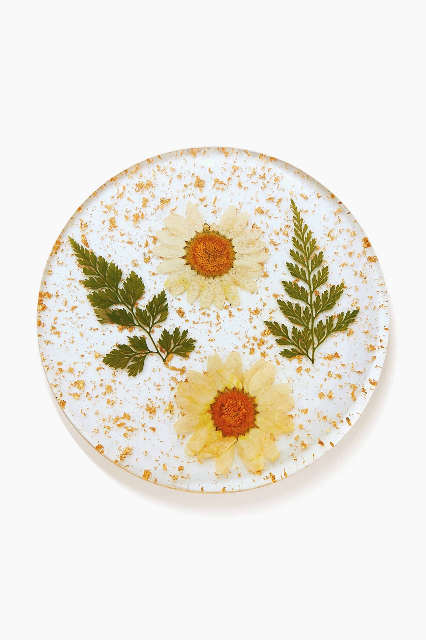 Chefanie round glass plate featuring two pressed white daisies, two fern leaves, and gold flecks—ideal as coffee table decor or a unique housewarming gift.