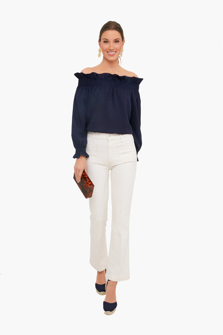 Navy Off the Shoulder Marguerite Blouse