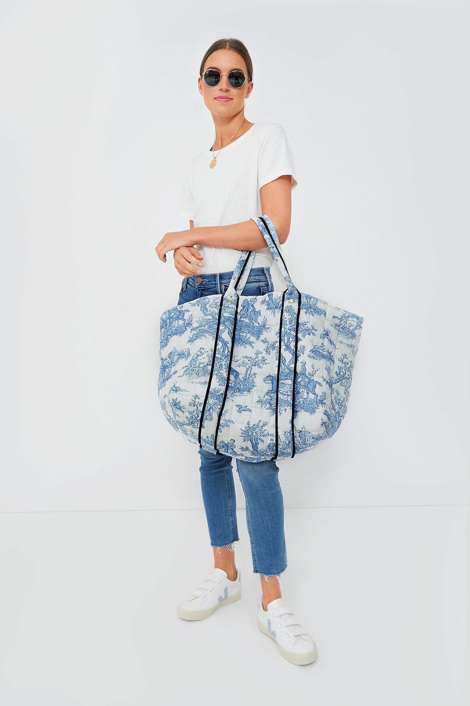 St. Calais Blue Quilted Linen Toile Giant Trop Avion with Pouchette