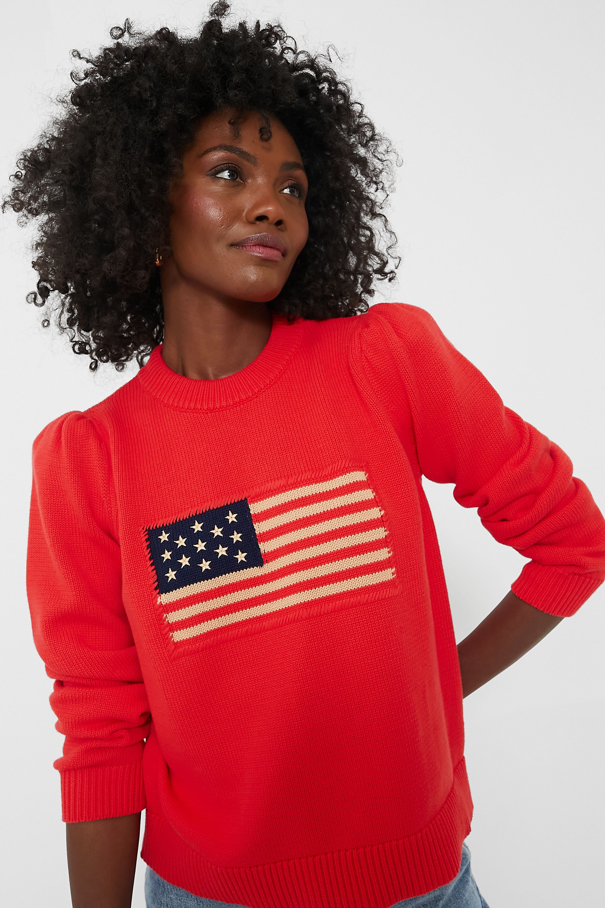 Red Cropped Puff Sleeve Americana Sweater | Tuckernuck