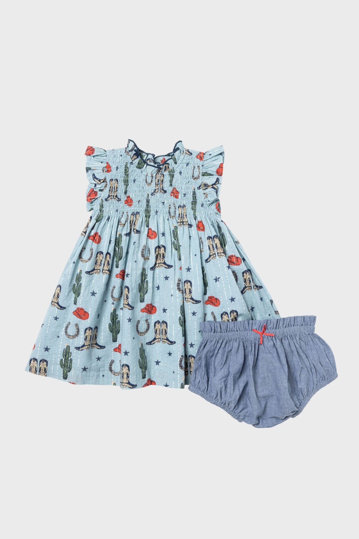 A Pink Chicken Stevie Dress and underwear set, perfect as a baby girl cowgirl outfit.