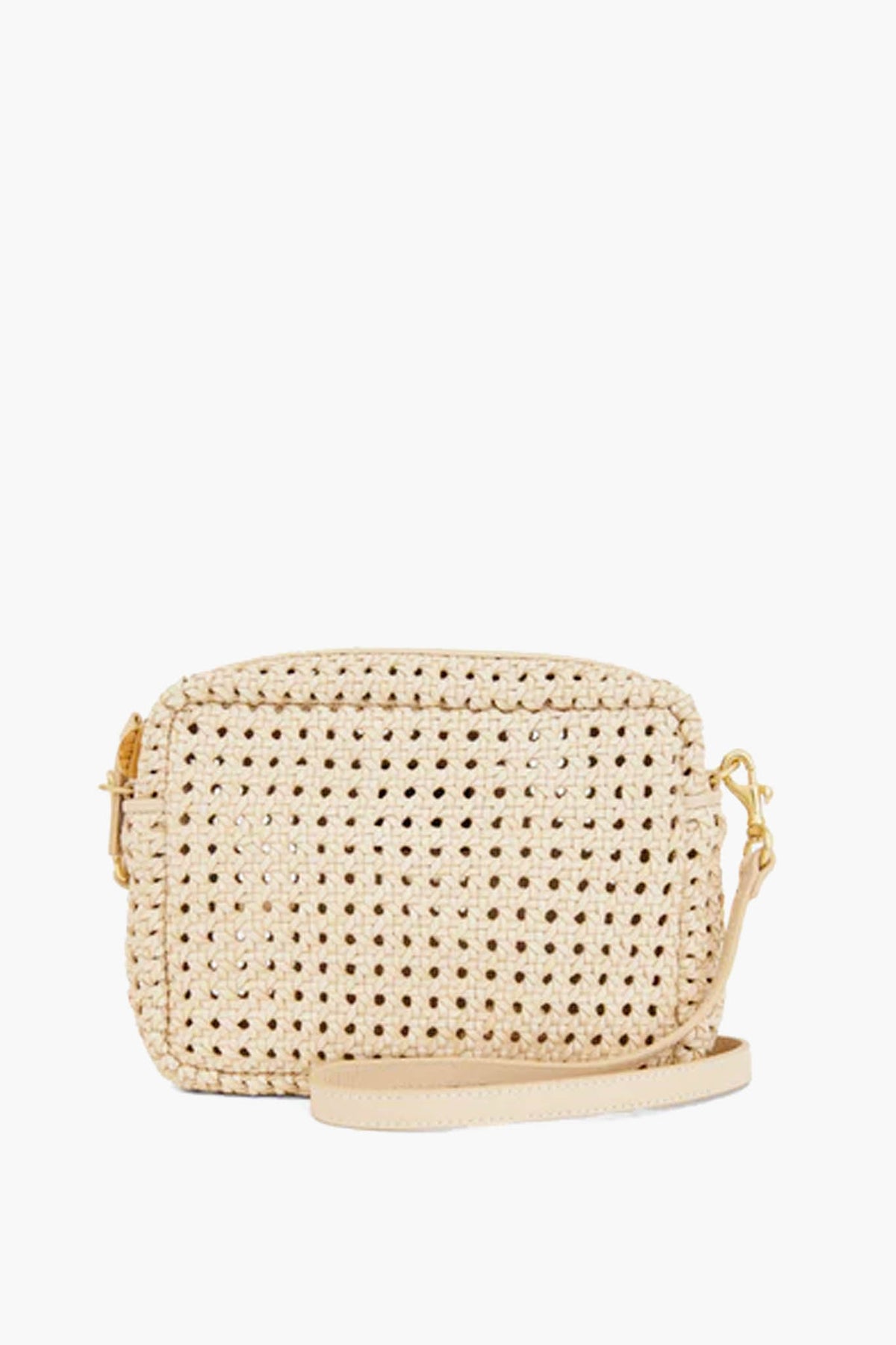 The Clare V small beige handwoven leather bag features a rectangular shape and adjustable strap, shown as a stylish crossbody accessory.
