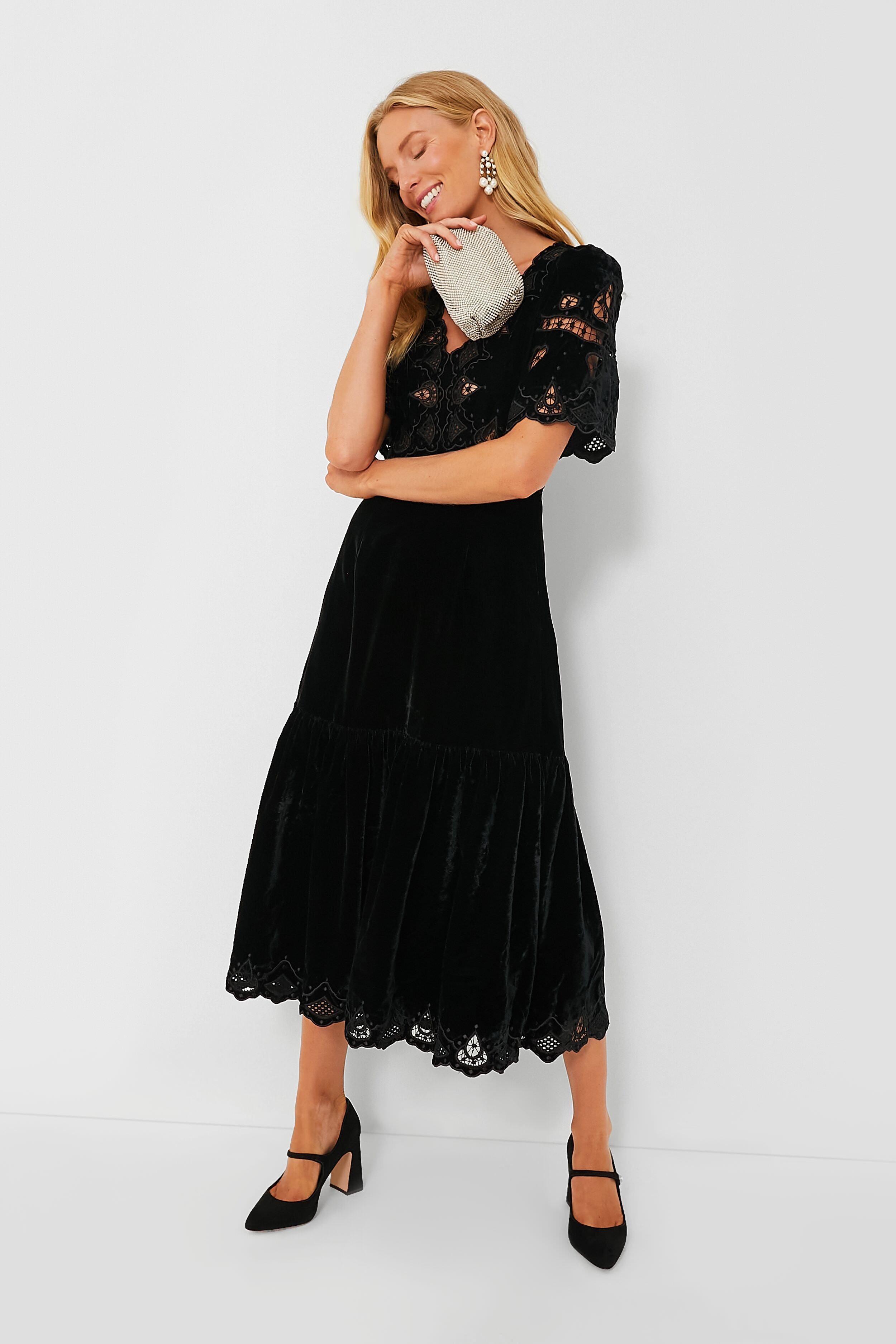 Sea New York Black Eliana Embroidery Short Sleeve V-Neck Dress