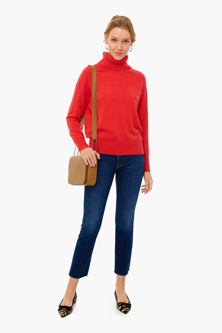 Candy Red Cashmere Ribbed Trim Turtleneck