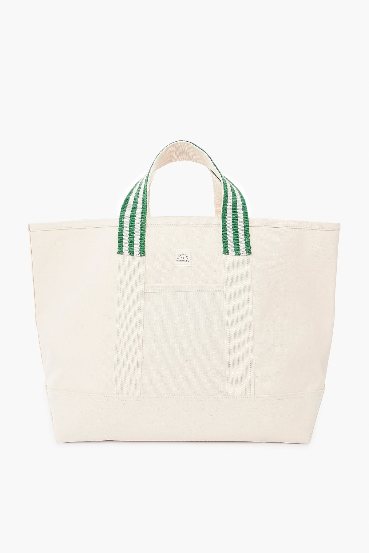 The Loeffler Randall large off-white cotton canvas tote bag features two green and white striped handles and an exterior front pocket.